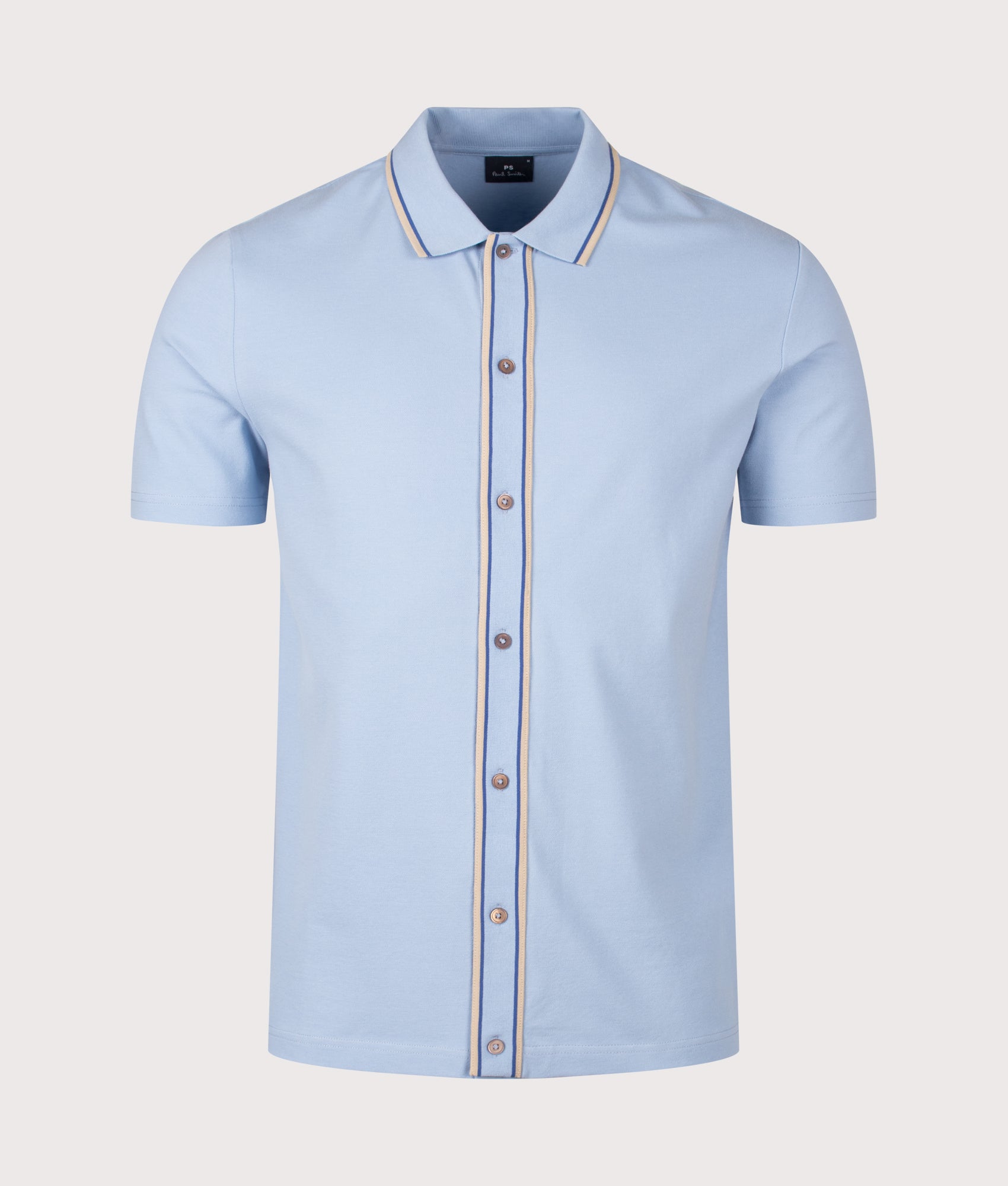 PS Paul Smith Regular Fit Button Front Short Sleeve Shirt in Light Blue at EQVVS Menswear. Front shot.