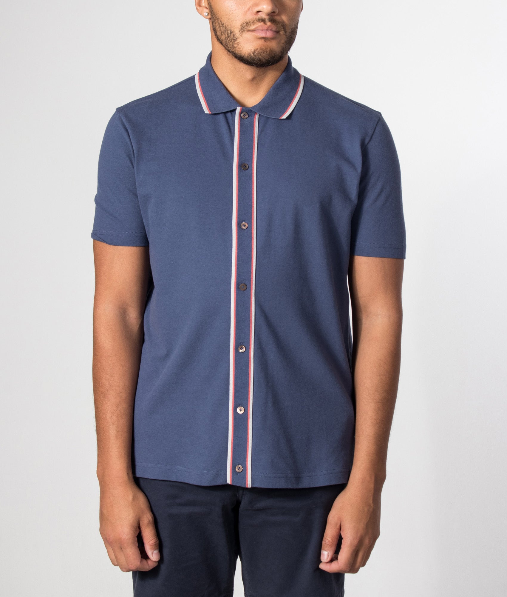 Regular Fit Button Front Short Sleeve Shirt in Indigo by PS Paul Smith. Shot by EQVVS. Model front shot.