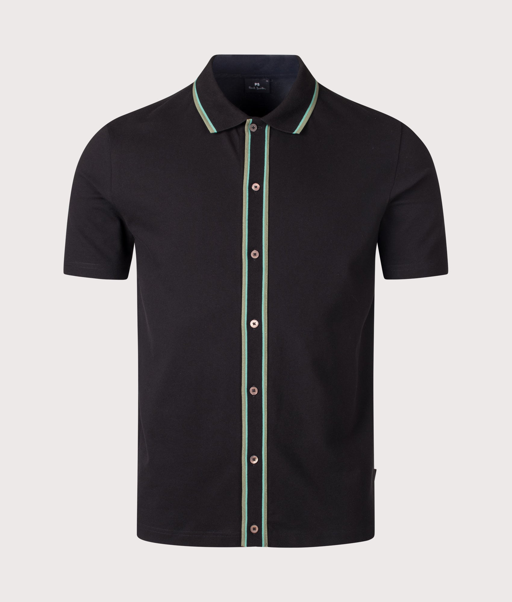 PS Paul Smith Regular Fit Button Through Polo Shirt in Black at EQVVS Menswear. Front shot.