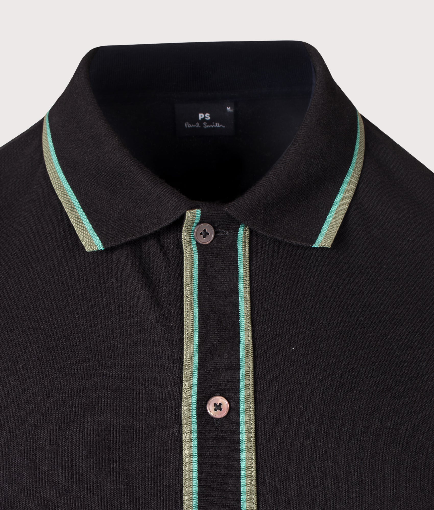 PS Paul Smith Regular Fit Button Through Polo Shirt in Black at EQVVS Menswear. Detail shot.