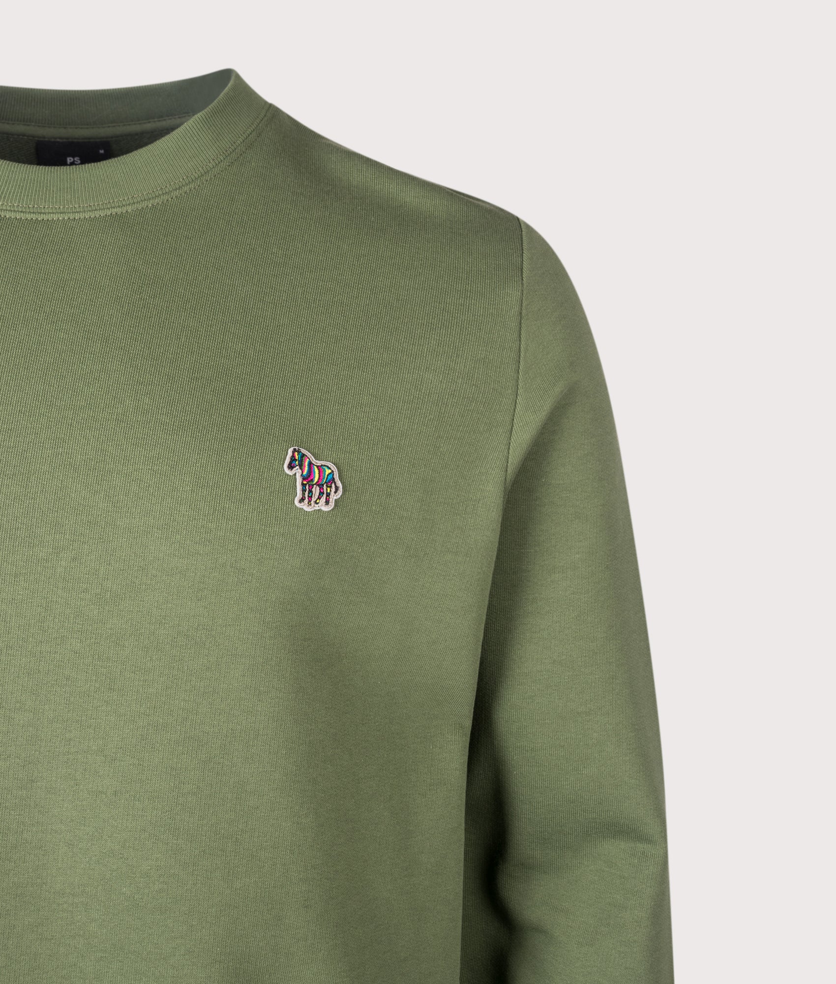 PS Paul Smith Organic Cotton Zebra Logo Sweatshirt in Military Green at EQVVS Menswear. Detail shot.