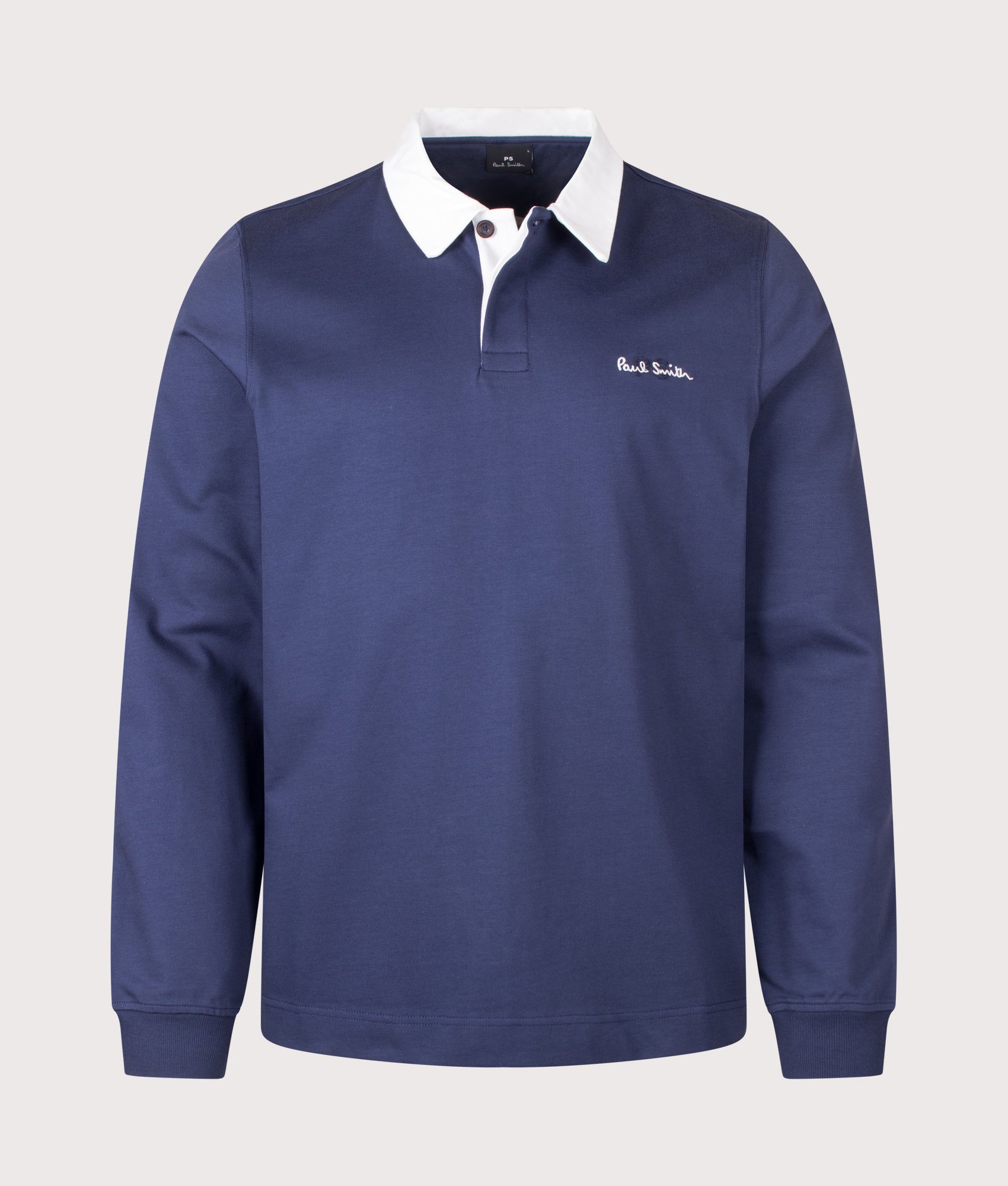 PS Paul Smith Casual Fit PS Logo Rugby Top in Inky Blue at EQVVS Menswear. Front shot.