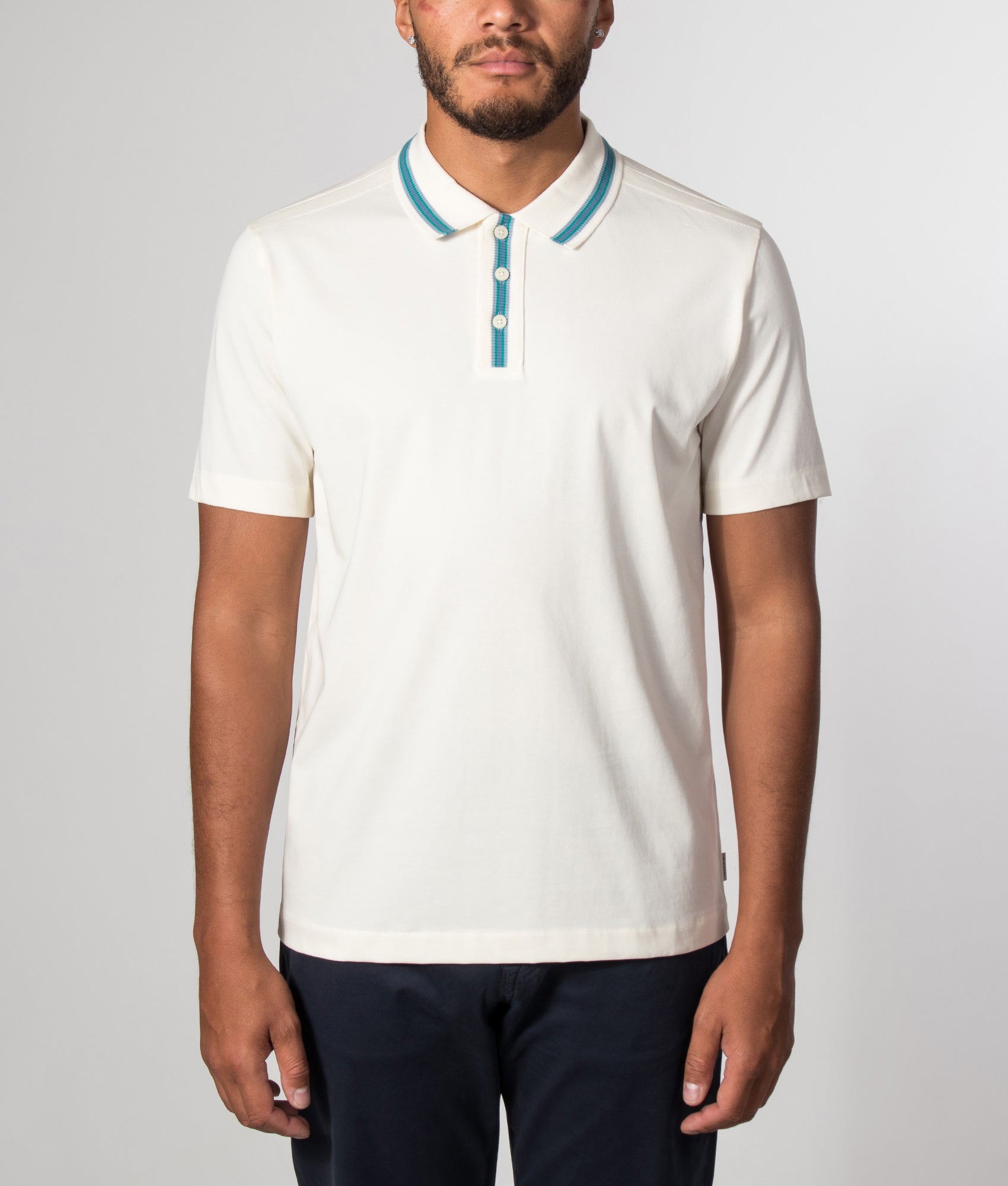 PS Paul Smith Regular Fit Plated Polo Shirt in Off White at EQVVS Menswear. Model front shot.