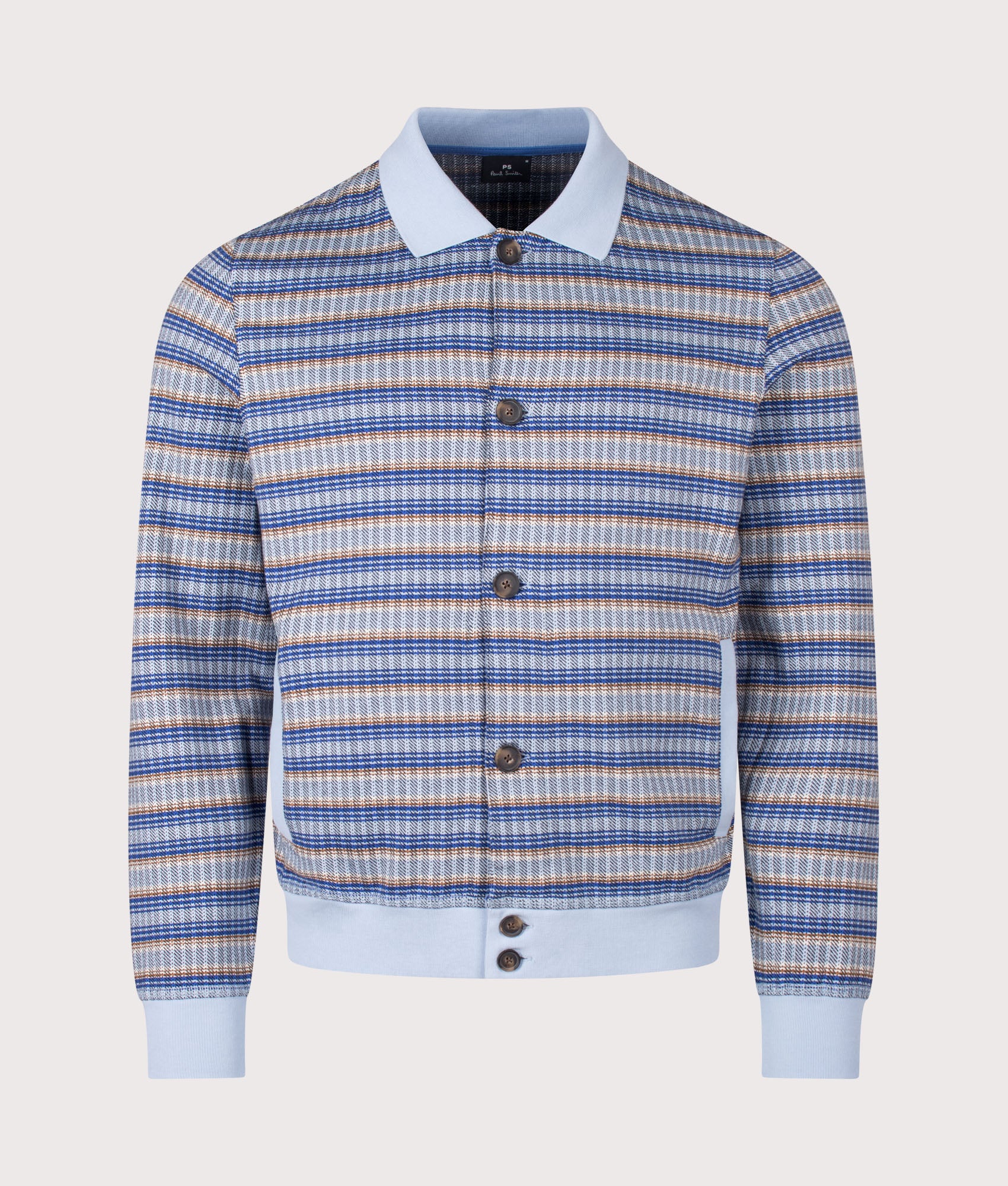 PS Paul Smith Button Down Textured Stripe Cardigan in Light Blue at EQVVS Menswear. Front shot.