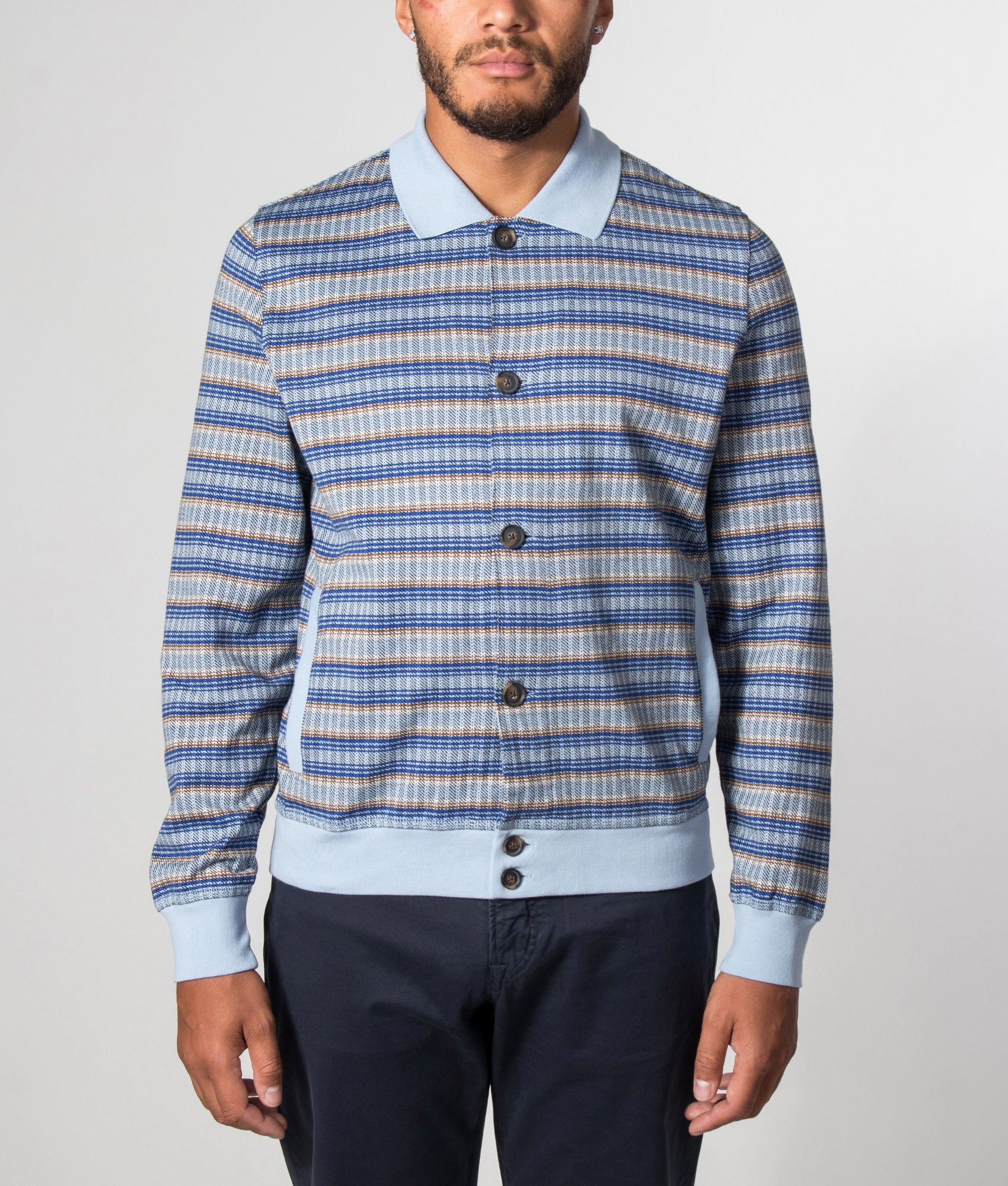 PS Paul Smith Button Down Textured Stripe Cardigan in Light Blue at EQVVS Menswear. Model front shot.