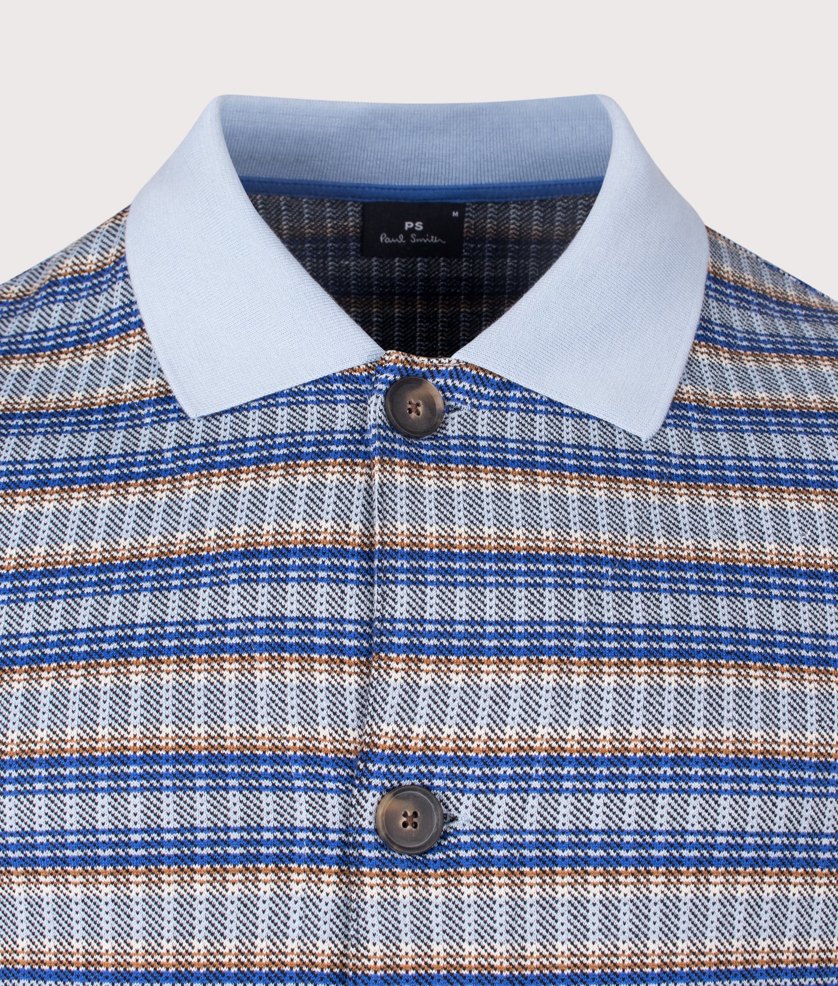 PS Paul Smith Button Down Textured Stripe Cardigan in Light Blue at EQVVS Menswear. Detail shot.