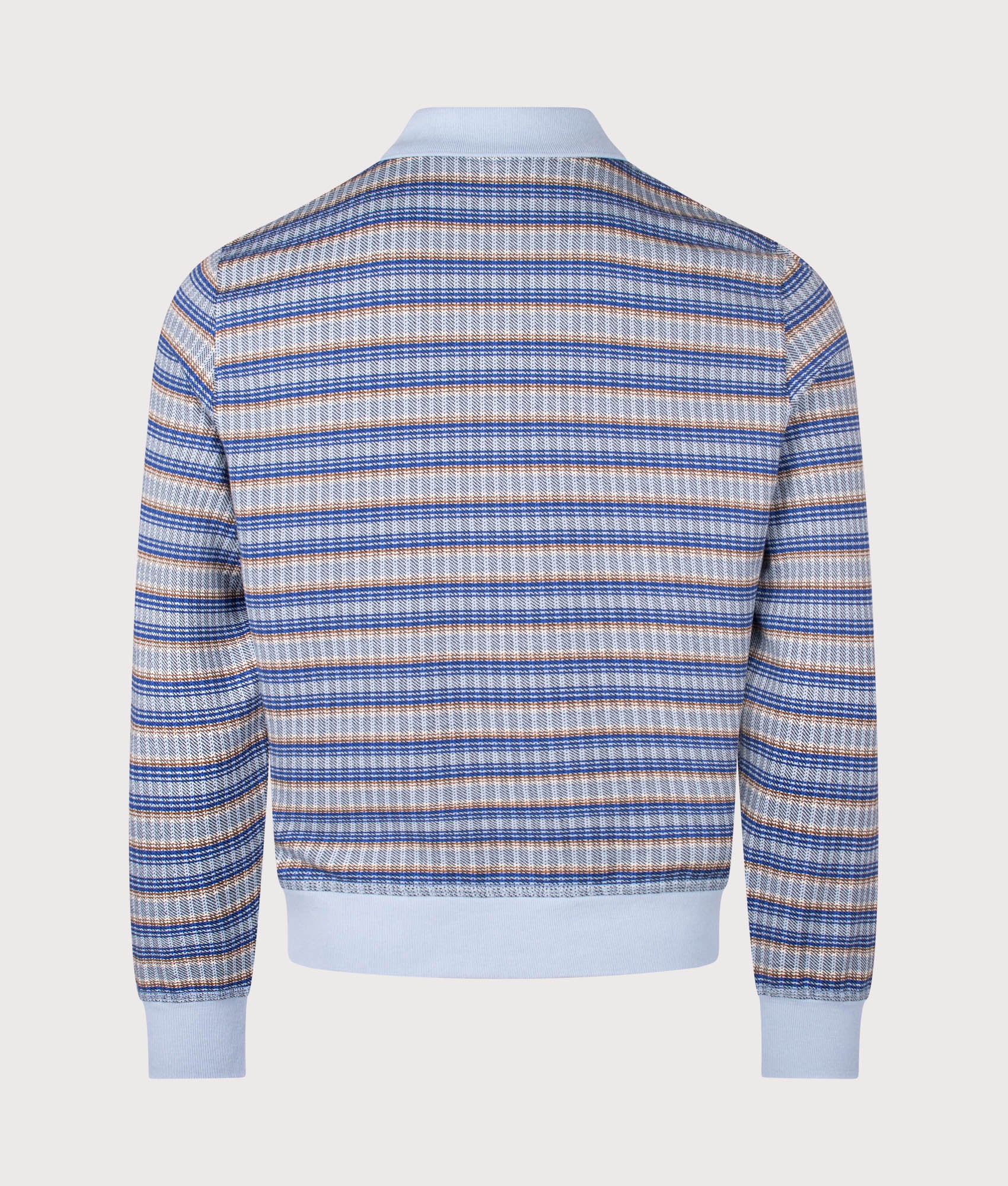 PS Paul Smith Button Down Textured Stripe Cardigan in Light Blue at EQVVS Menswear. Back shot.