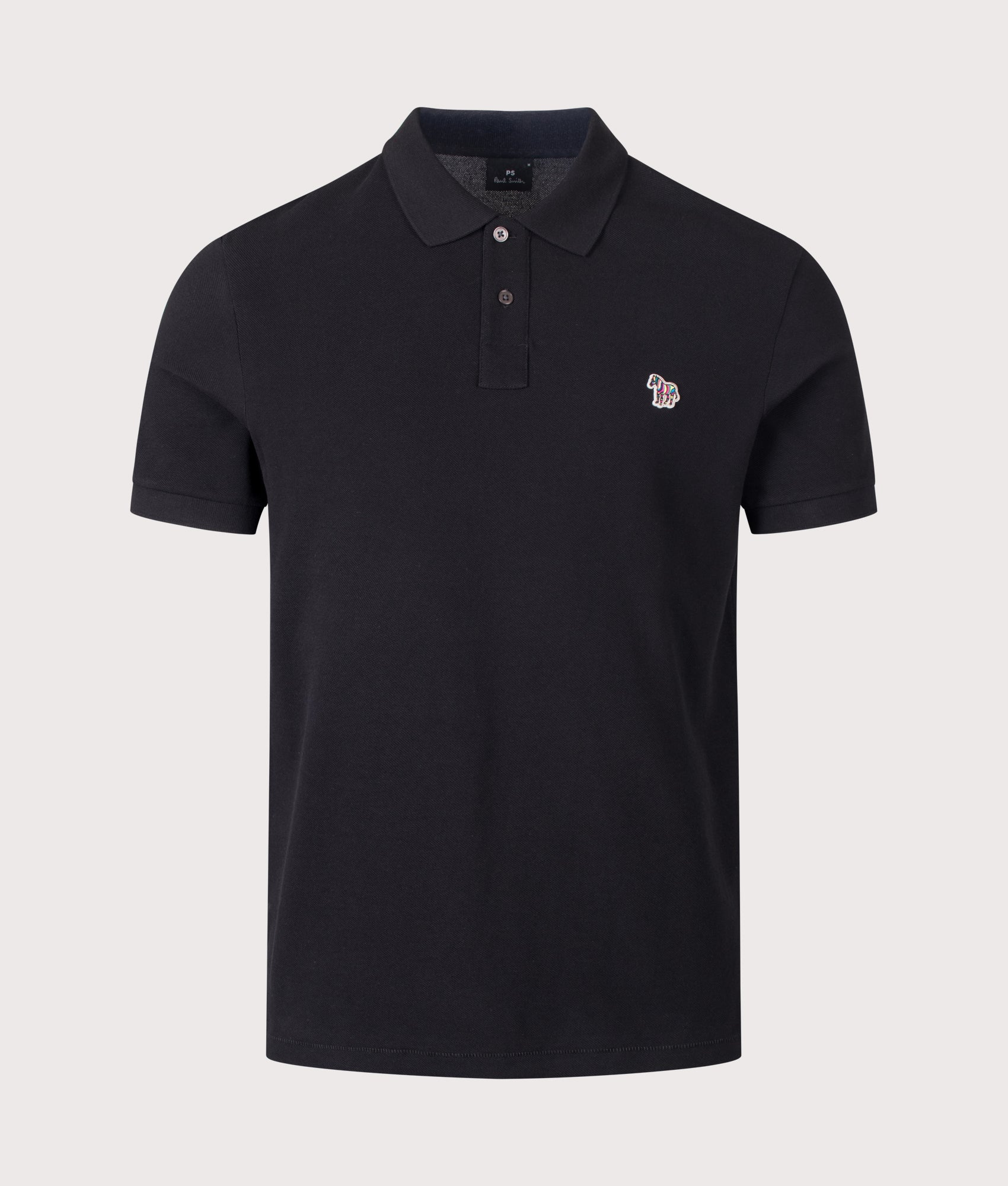 PS Paul Smith Zebra Logo Polo Shirt in Black at EQVVS Menswear. Front shot.