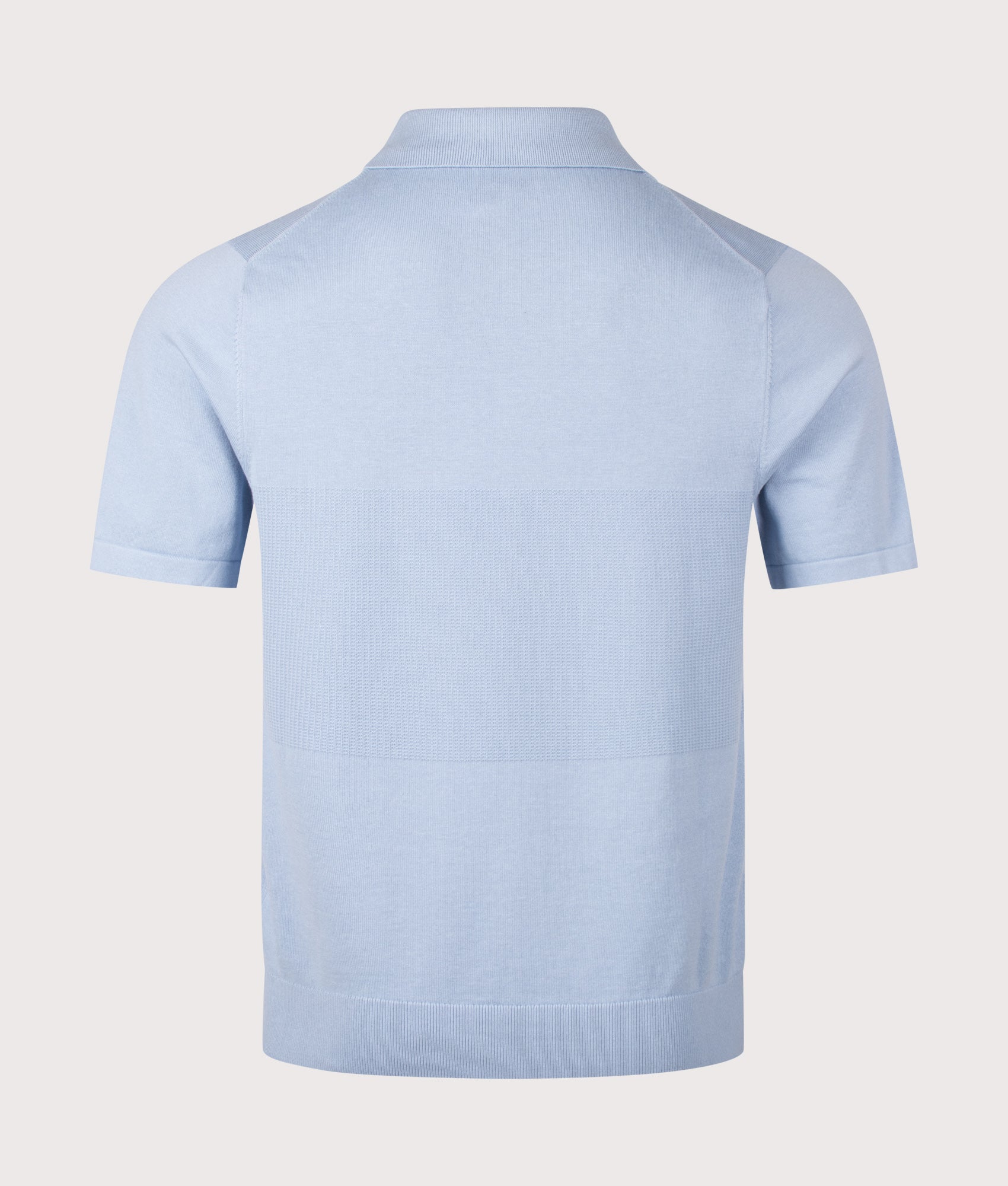 PS Paul Smith Regular Fit Knitted Quarter Zip Polo Shirt in Blue at EQVVS Menswear. Back shot.