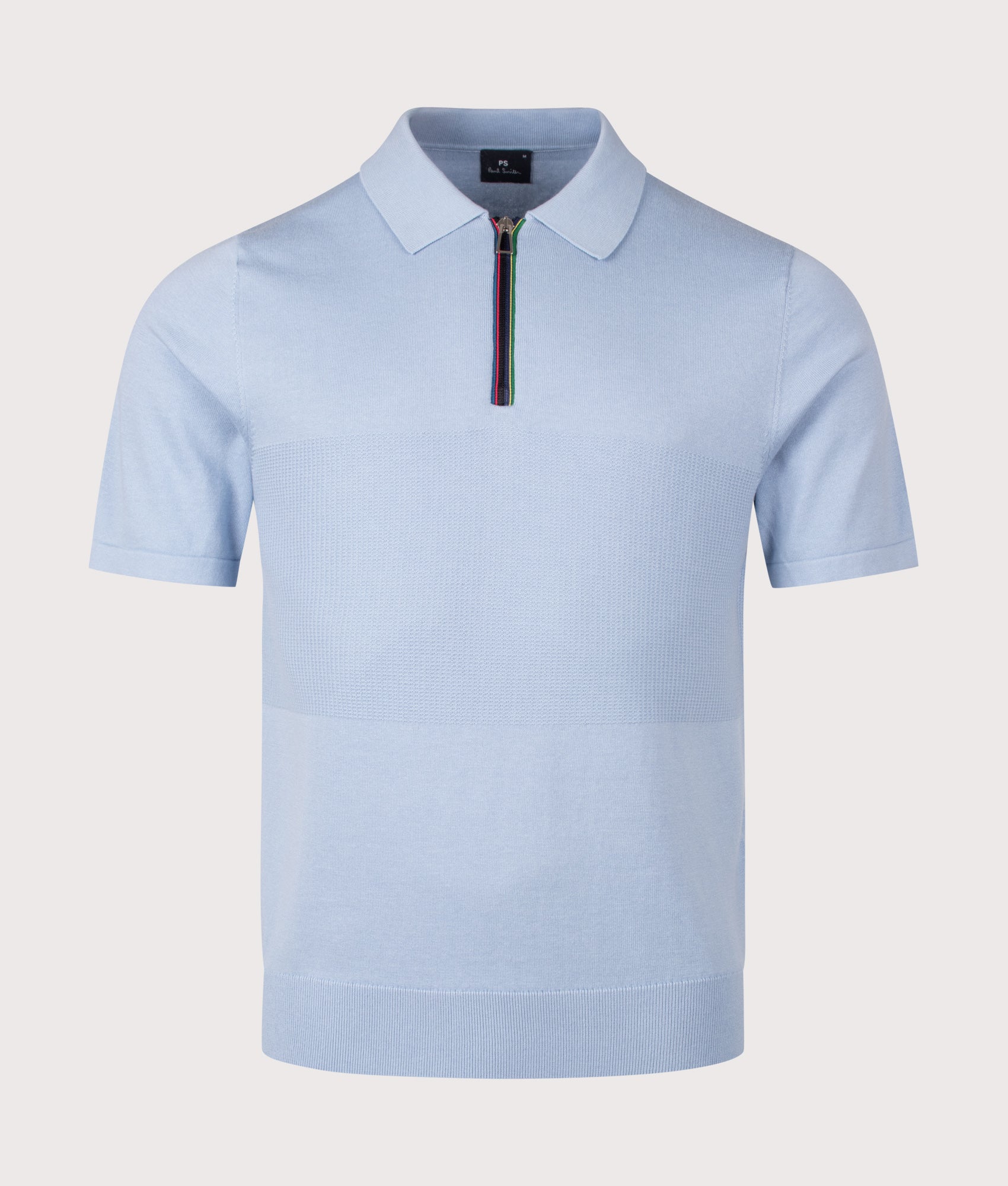 PS Paul Smith Regular Fit Knitted Quarter Zip Polo Shirt in Blue at EQVVS Menswear. Front shot.