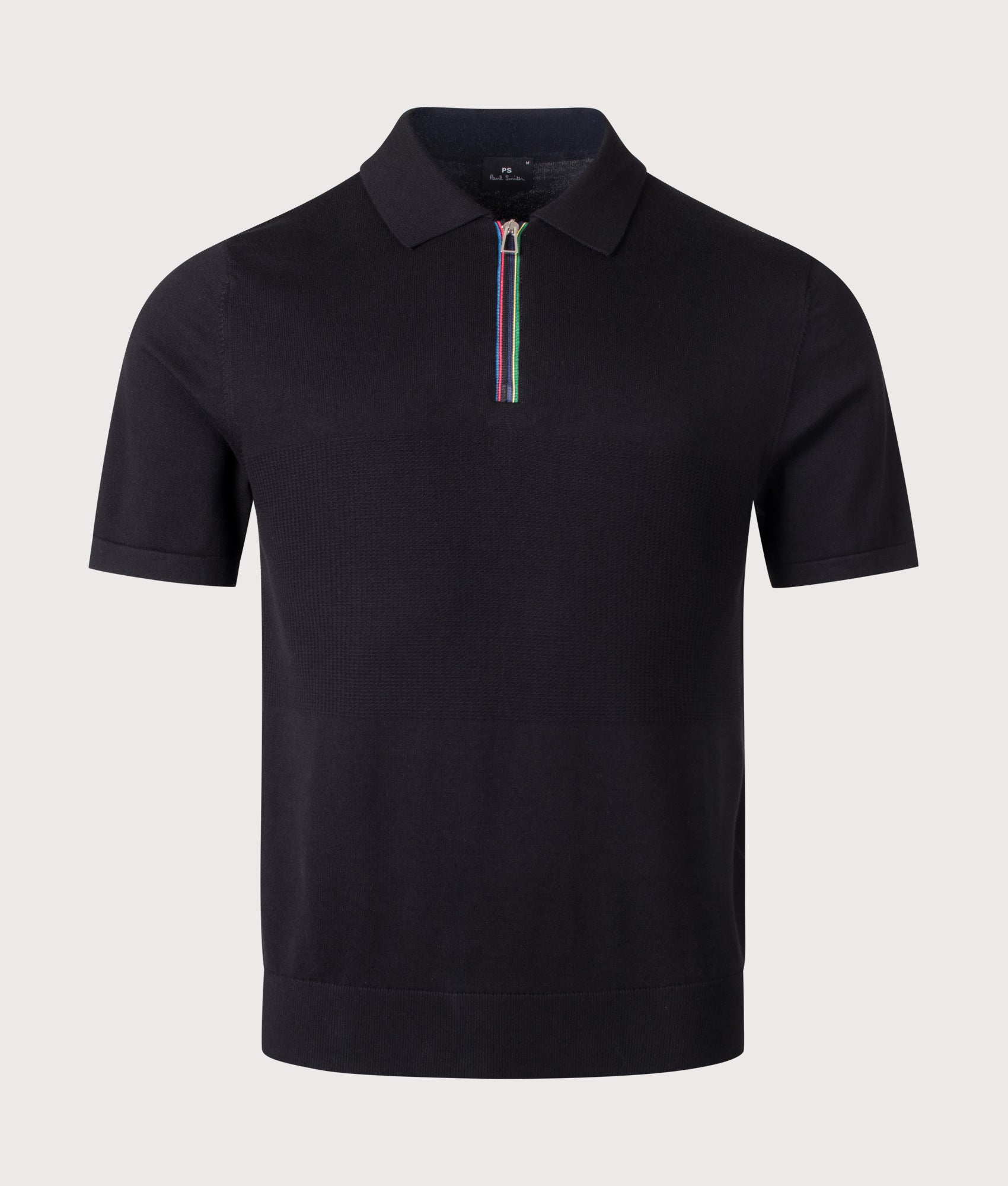 PS Paul Smith Regular Fit Knitted Quarter Zip Polo Shirt in Black at EQVVS Menswear. Front shot.