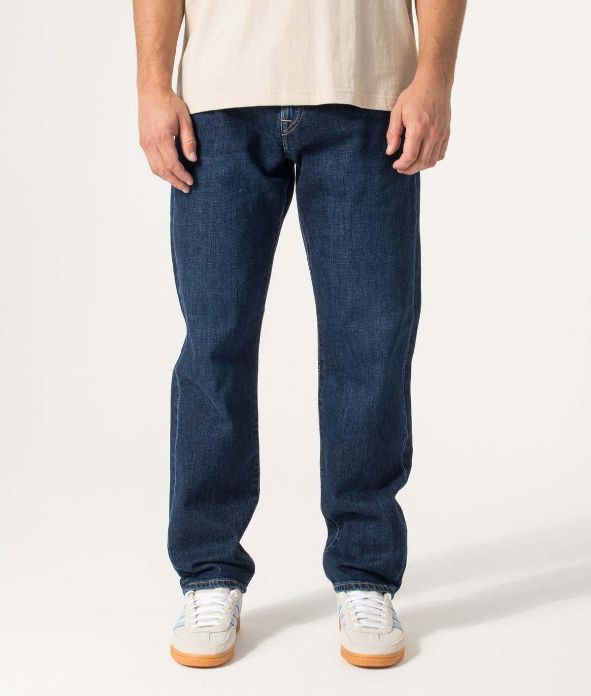PS Paul Smith Relaxed Tapered Fit Jeans in Dark Colour Wash at EQVVS Menswear. Front shot.