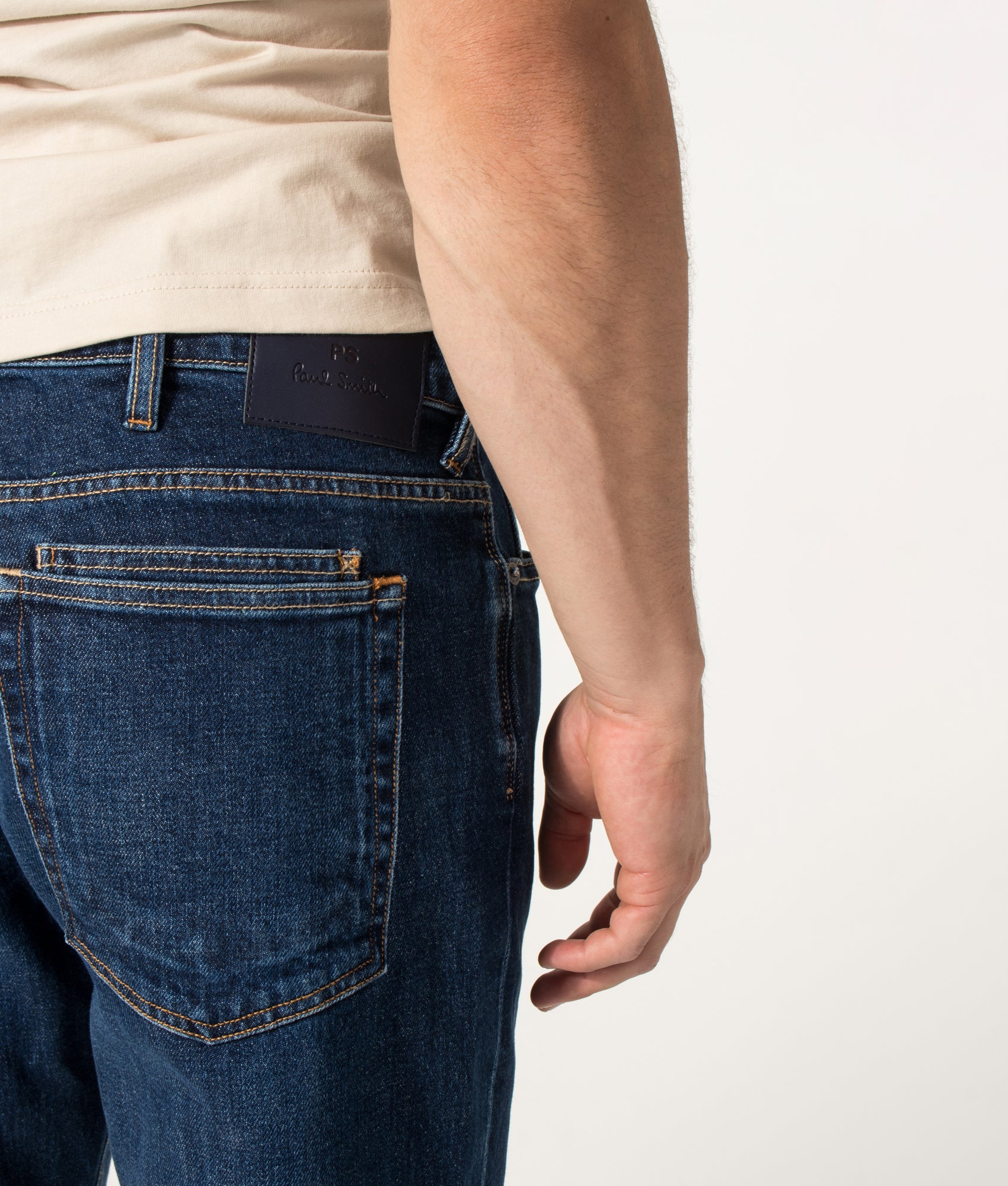 PS Paul Smith Relaxed Tapered Fit Jeans in Dark Colour Wash at EQVVS Menswear. Model back shot.
