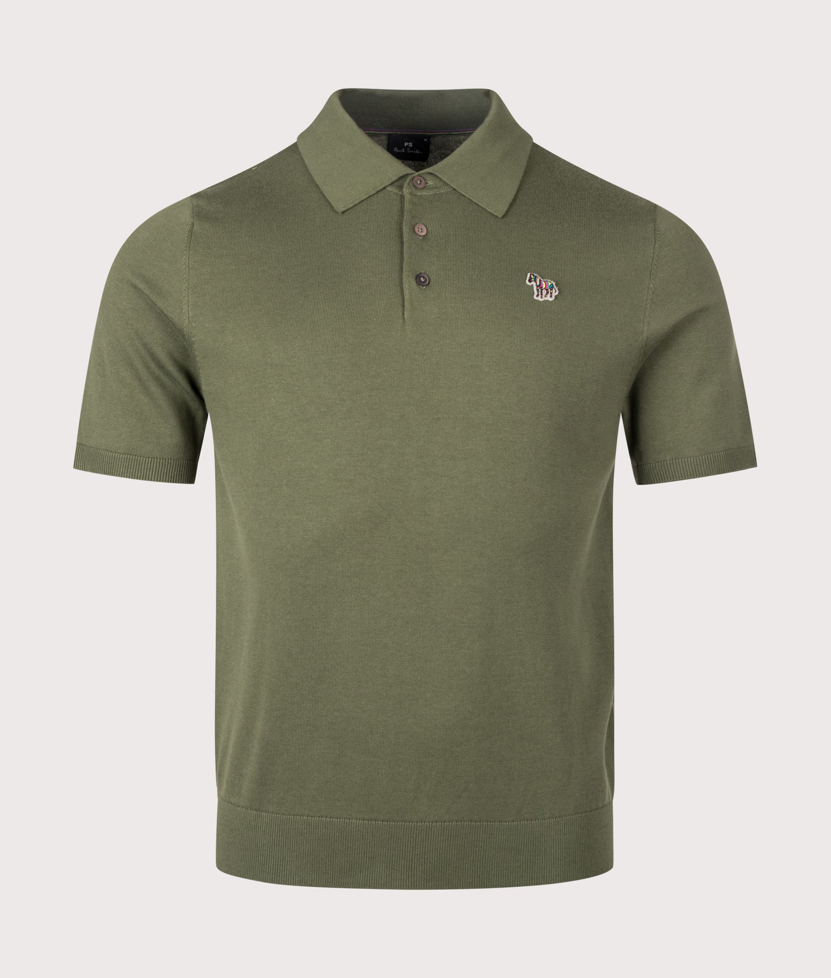 PS Paul Smith Regular Fit Zebra Badge Knitted Polo Shirt in Military Green at EQVVS Menswear. Front shot.