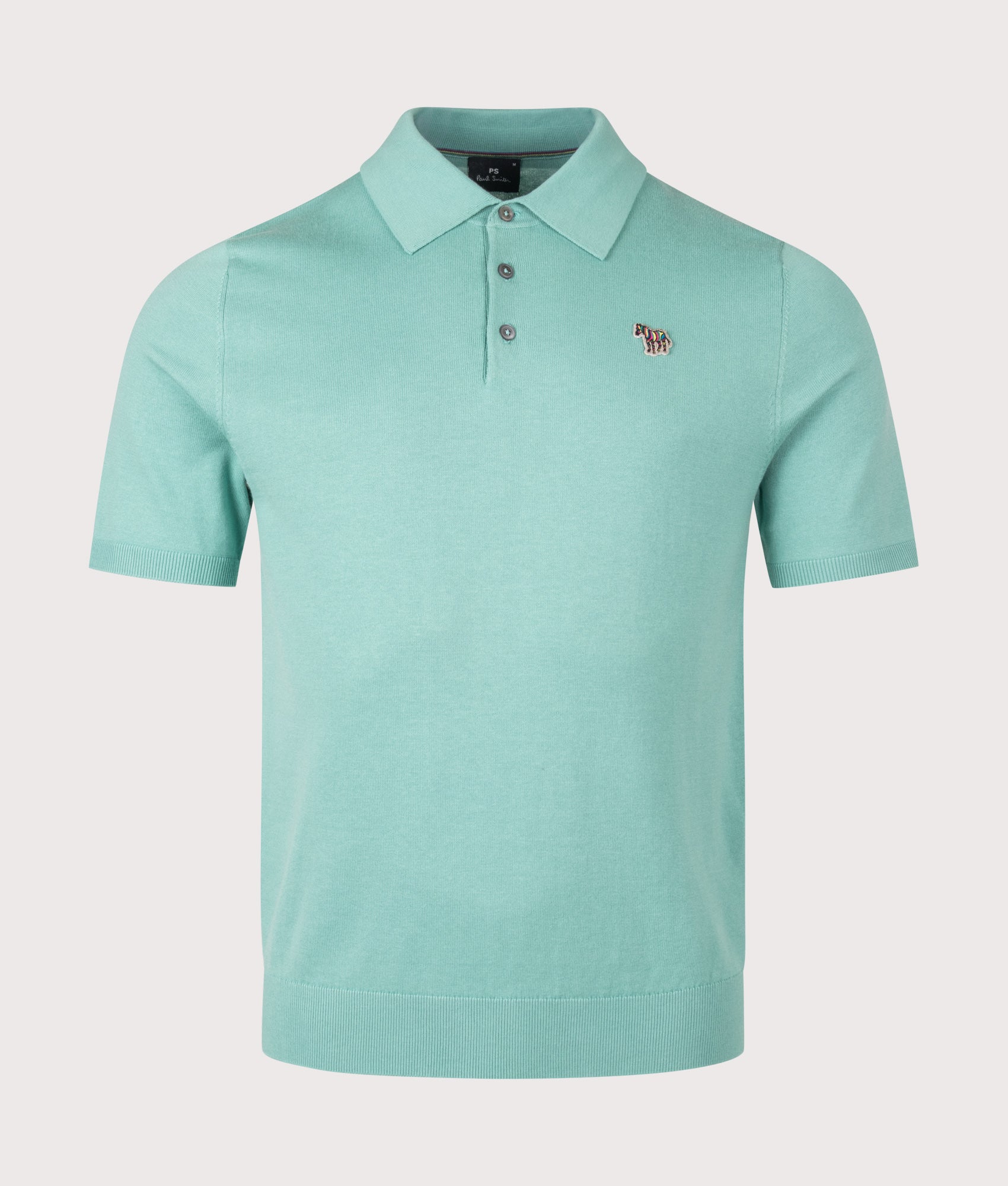 PS Paul Smith Regular Fit Zebra Badge Knitted Polo Shirt in Petrol Green at EQVVS Menswear. Front shot.