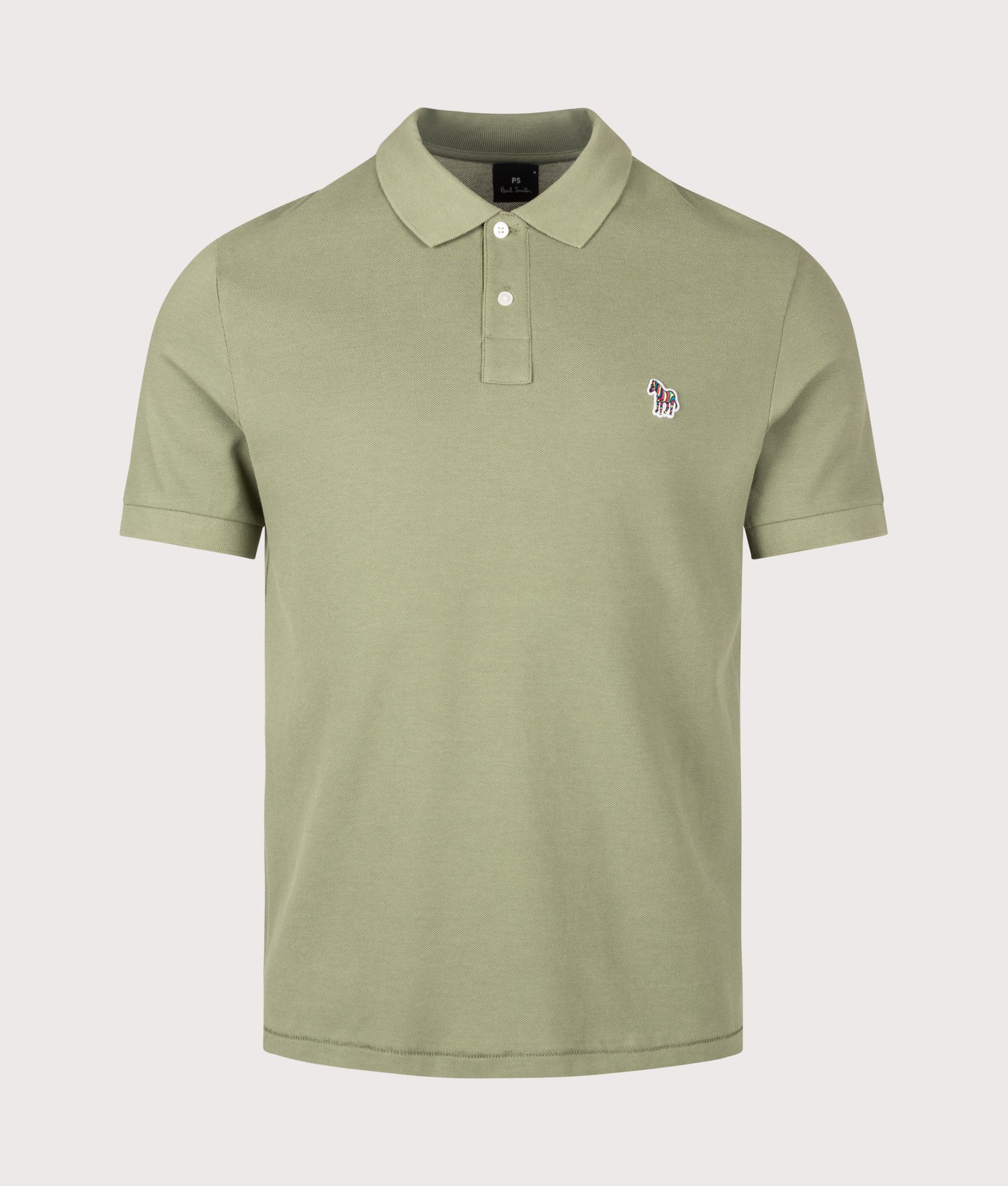 PS Paul Smith Regular Fit Zebra Polo Shirt in Light Greyish Green at EQVVS Menswear. Front shot.