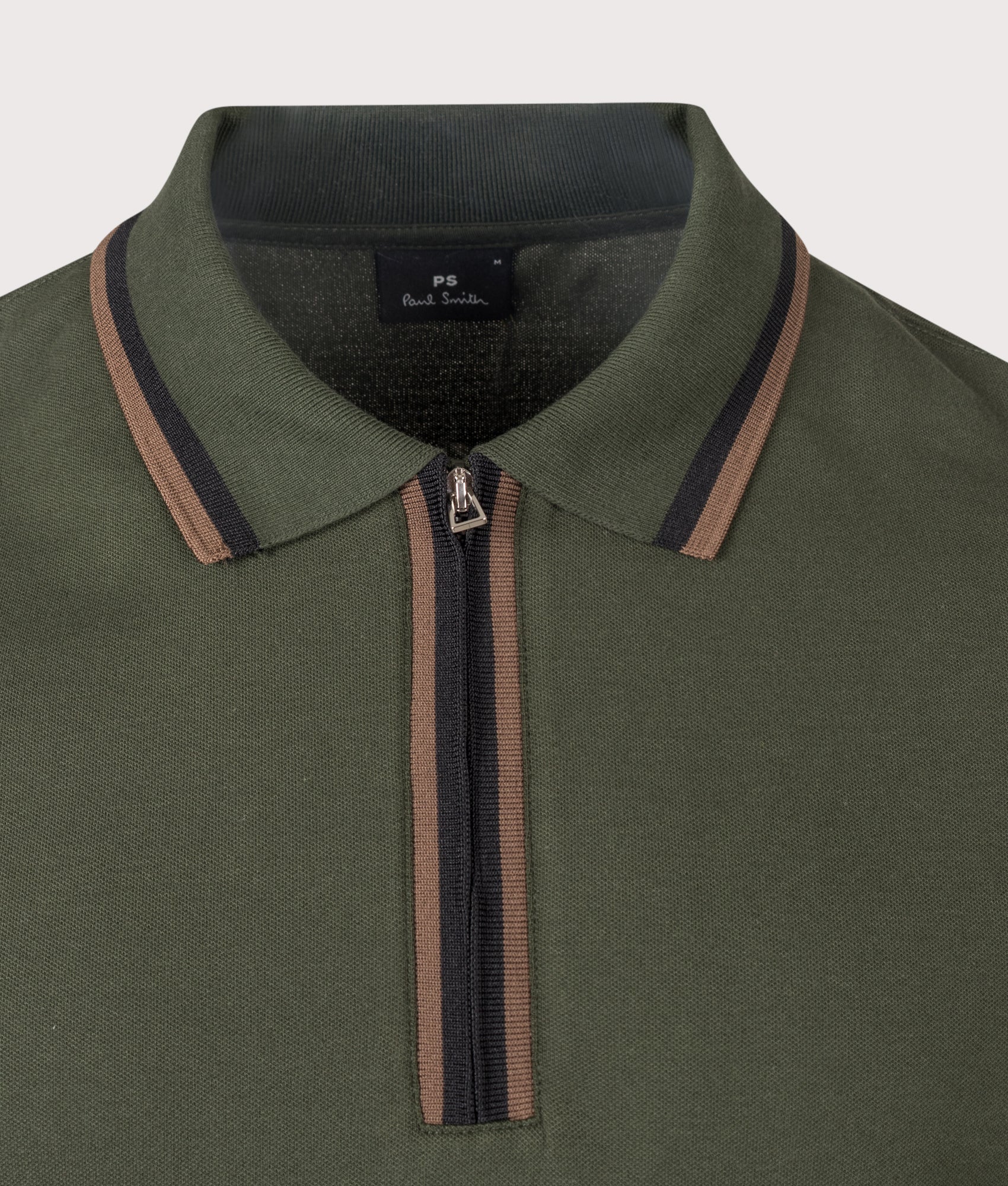 PS Paul Smith Regular Fit Quarter Zip Polo Shirt in Bottle Green at EQVVS Menswear. Detail shot.