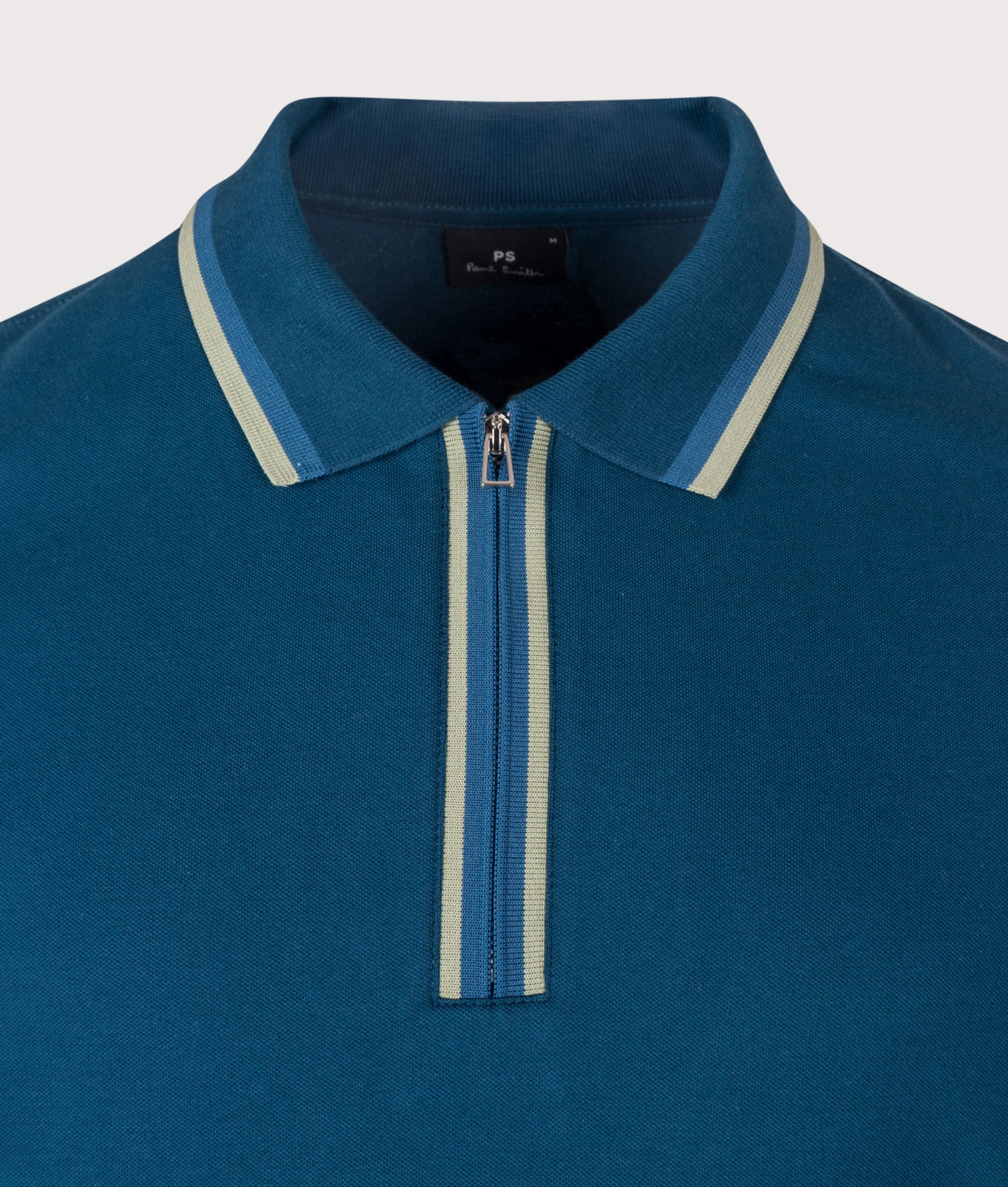 PS Paul Smith Regular Fit Quarter Zip Polo Shirt in Navy at EQVVS Menswear. Detail shot.