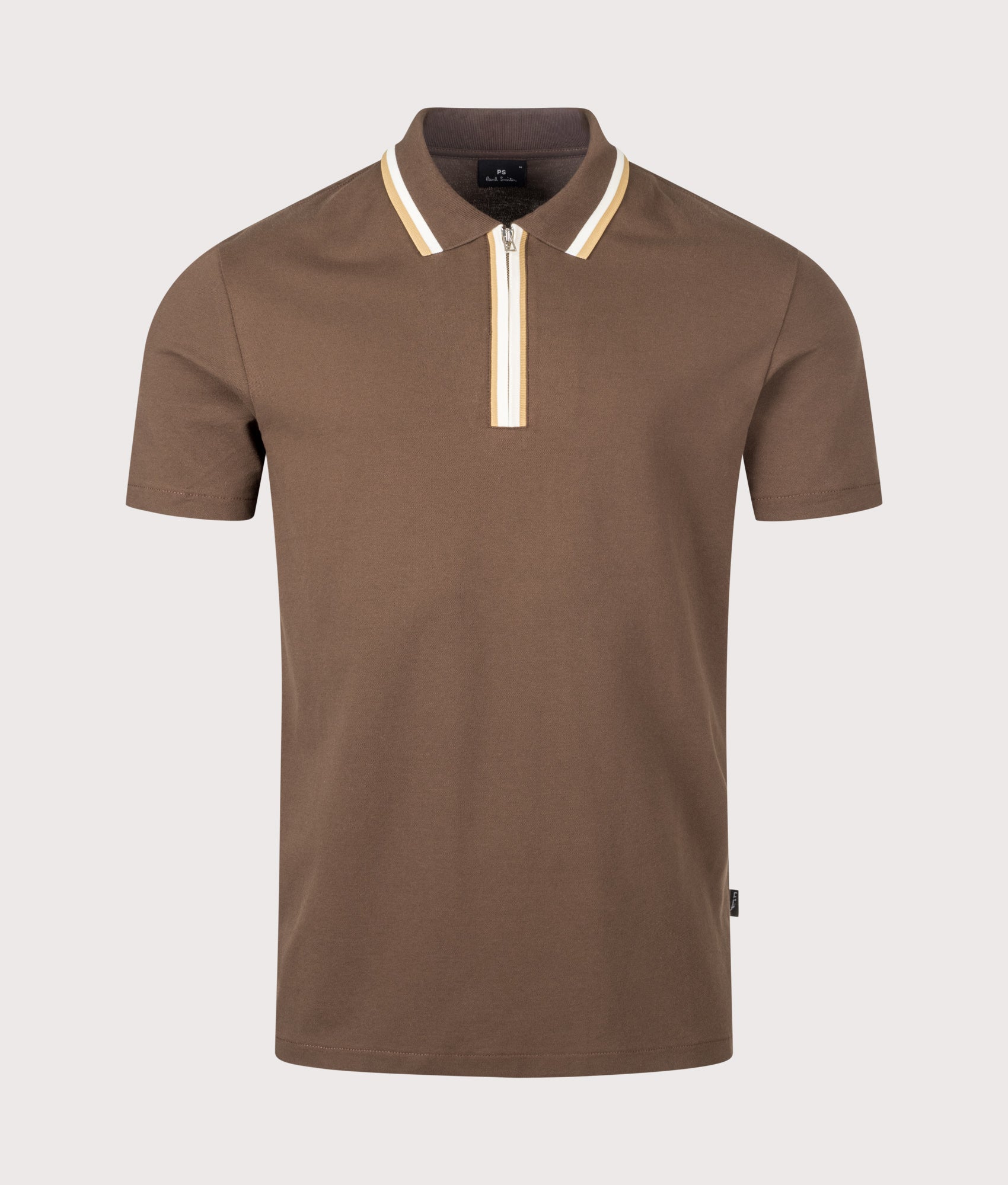PS Paul Smith Regular Fit Quarter Zip Polo Shirt in Brown at EQVVS Menswear. Front shot.