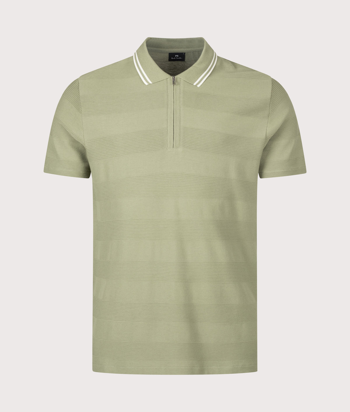 PS Paul Smith Regular Fit Quarter Zip Polo Shirt in Light Greyish Green at EQVVS Menswear. Front shot.