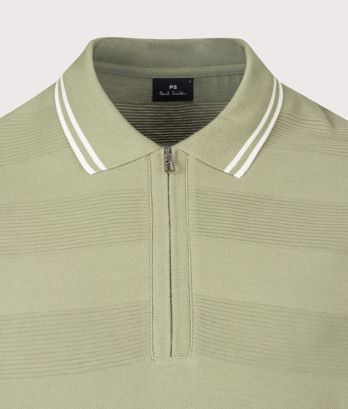 PS Paul Smith Regular Fit Quarter Zip Polo Shirt in Light Greyish Green at EQVVS Menswear. Detail shot.