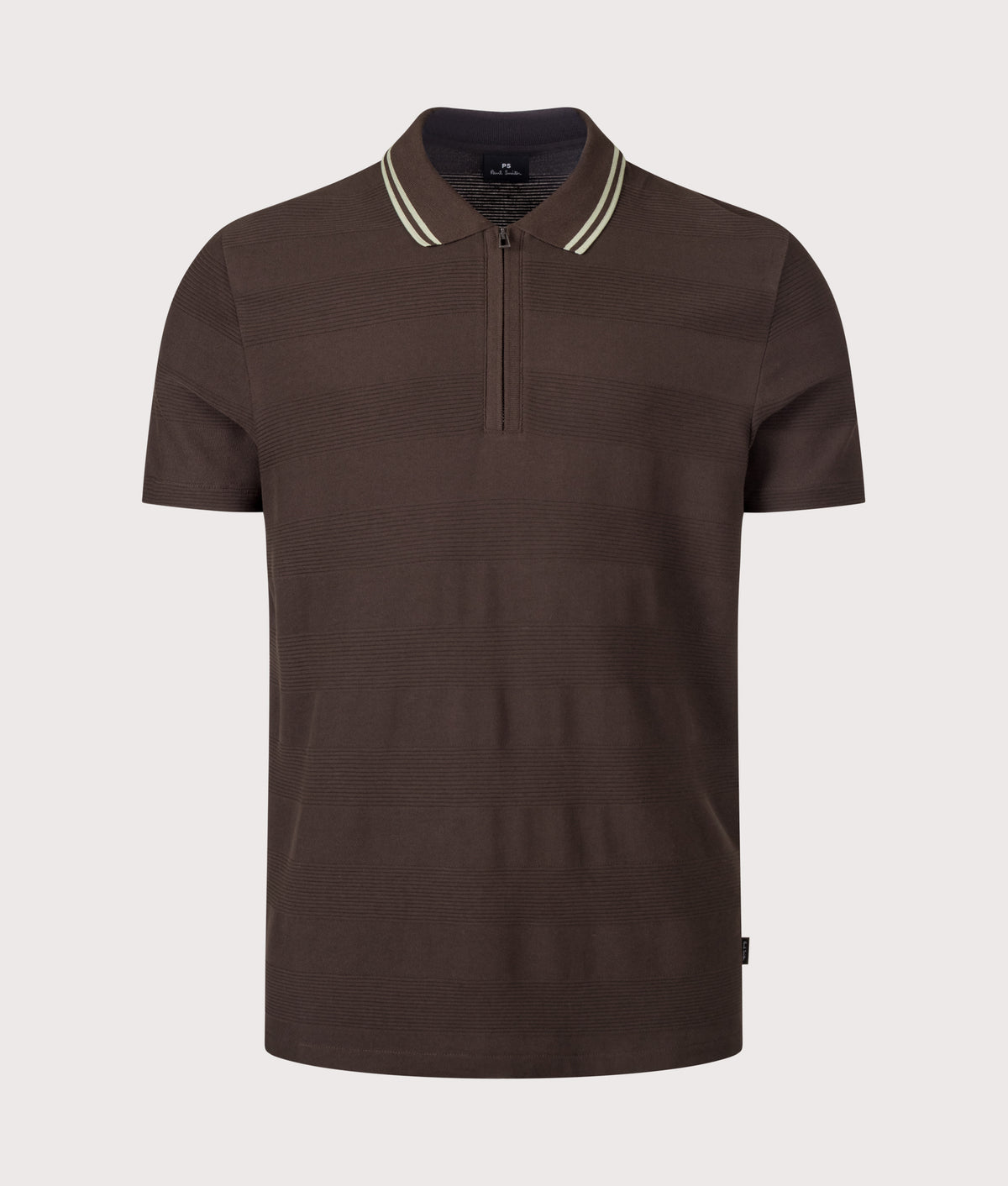 PS Paul Smith Regular Fit Quarter Zip Polo Shirt in Dark Brown at EQVVS Menswear. Front shot.