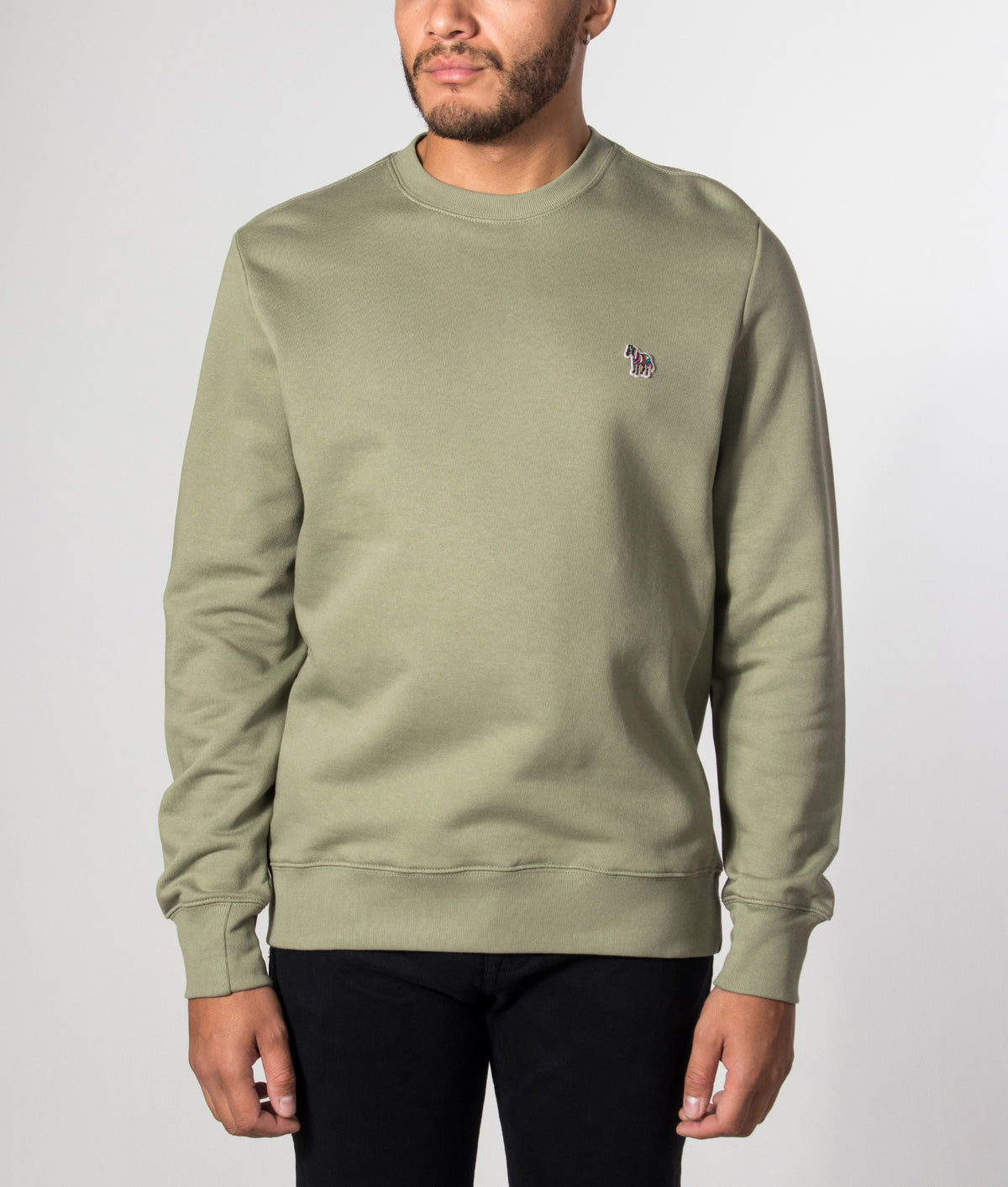 PS Paul Smith Organic Cotton Zebra Logo Sweatshirt in Greyish Green at EQVVS Menswear. Model front shot.