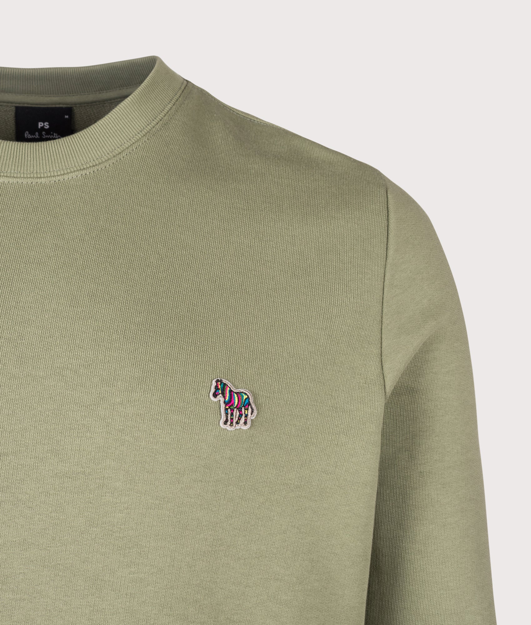 PS Paul Smith Organic Cotton Zebra Logo Sweatshirt in Greyish Green at EQVVS Menswear. Detail shot.