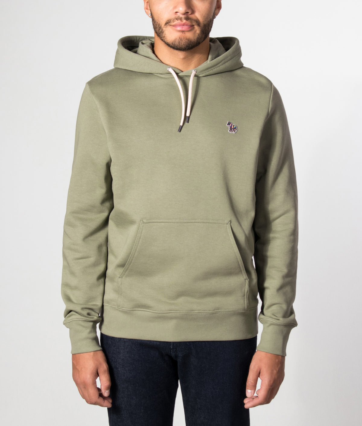 PS Paul Smith Regular Fit Zebra Logo Hoodie in Light Greyish Green at EQVVS Menswear. Model front shot.