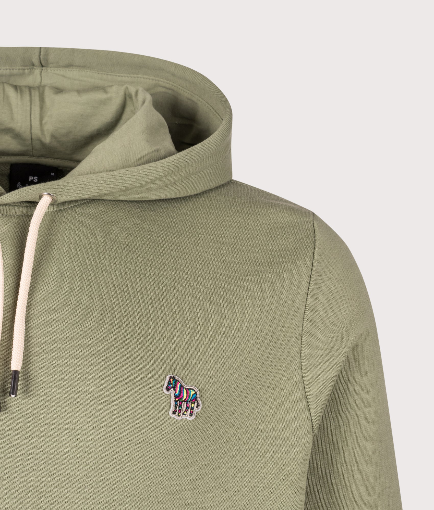 PS Paul Smith Regular Fit Zebra Logo Hoodie in Light Greyish Green at EQVVS Menswear. Detail shot.