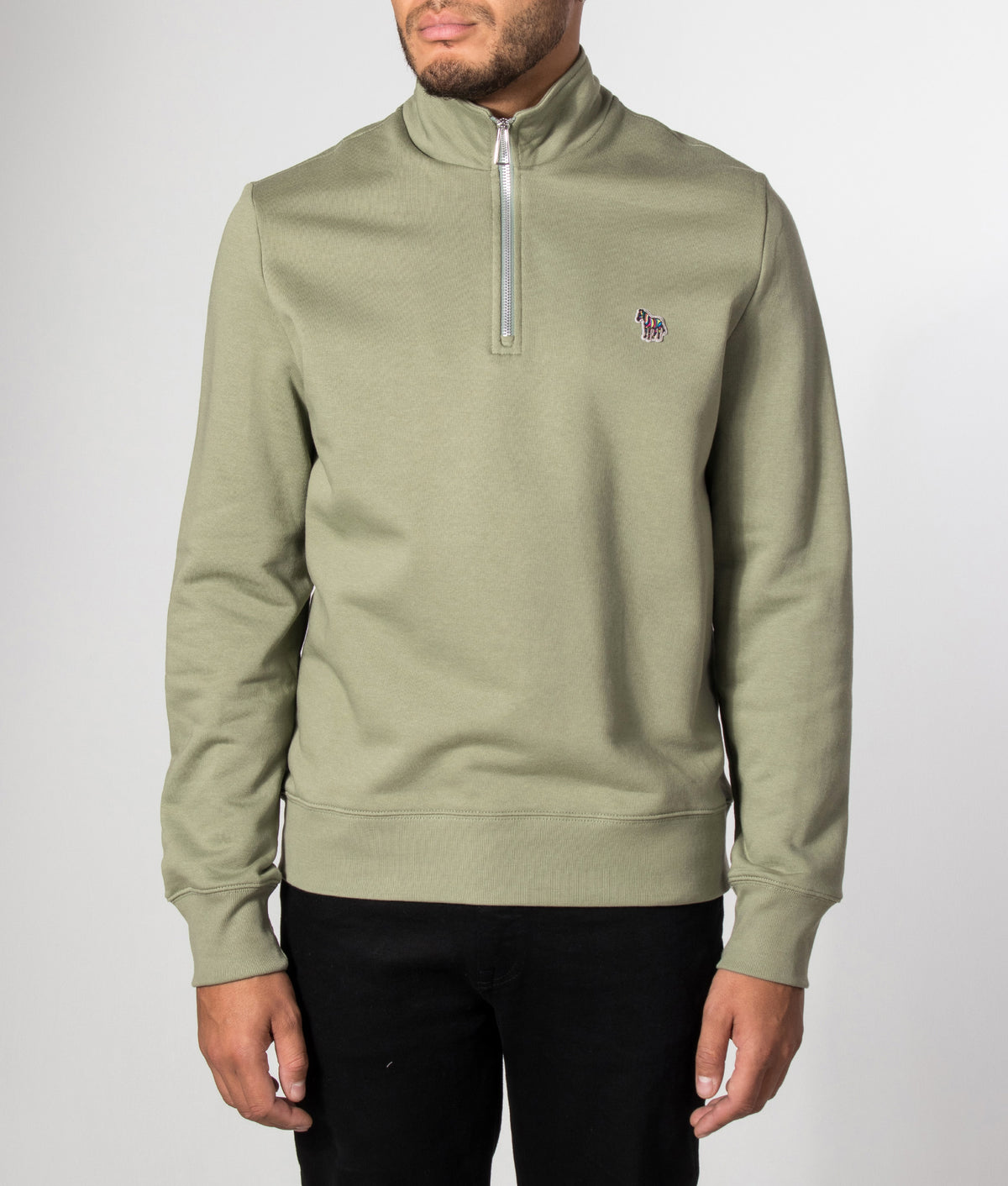 PS Paul Smith Regular Fit Quarter Zip Zebra Sweatshirt in Light Greyish Green at EQVVS Menswear. Model front shot.