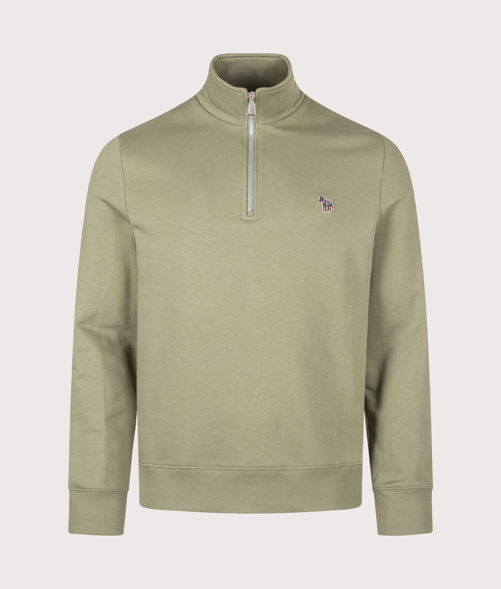 PS Paul Smith Regular Fit Quarter Zip Zebra Sweatshirt in Light Greyish Green at EQVVS Menswear. Front shot.