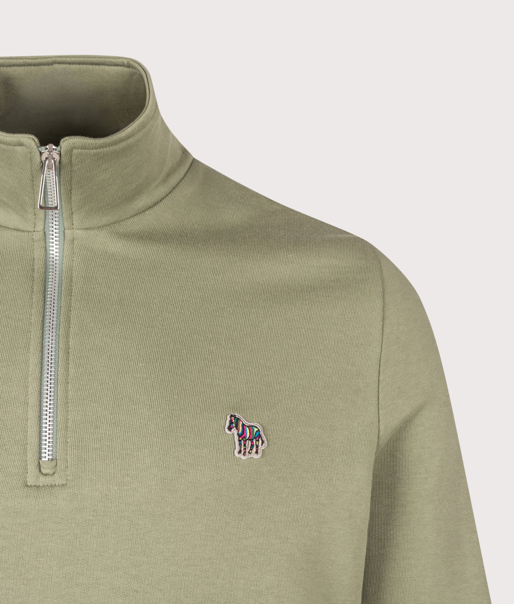 PS Paul Smith Regular Fit Quarter Zip Zebra Sweatshirt in Light Greyish Green at EQVVS Menswear. Detail shot.