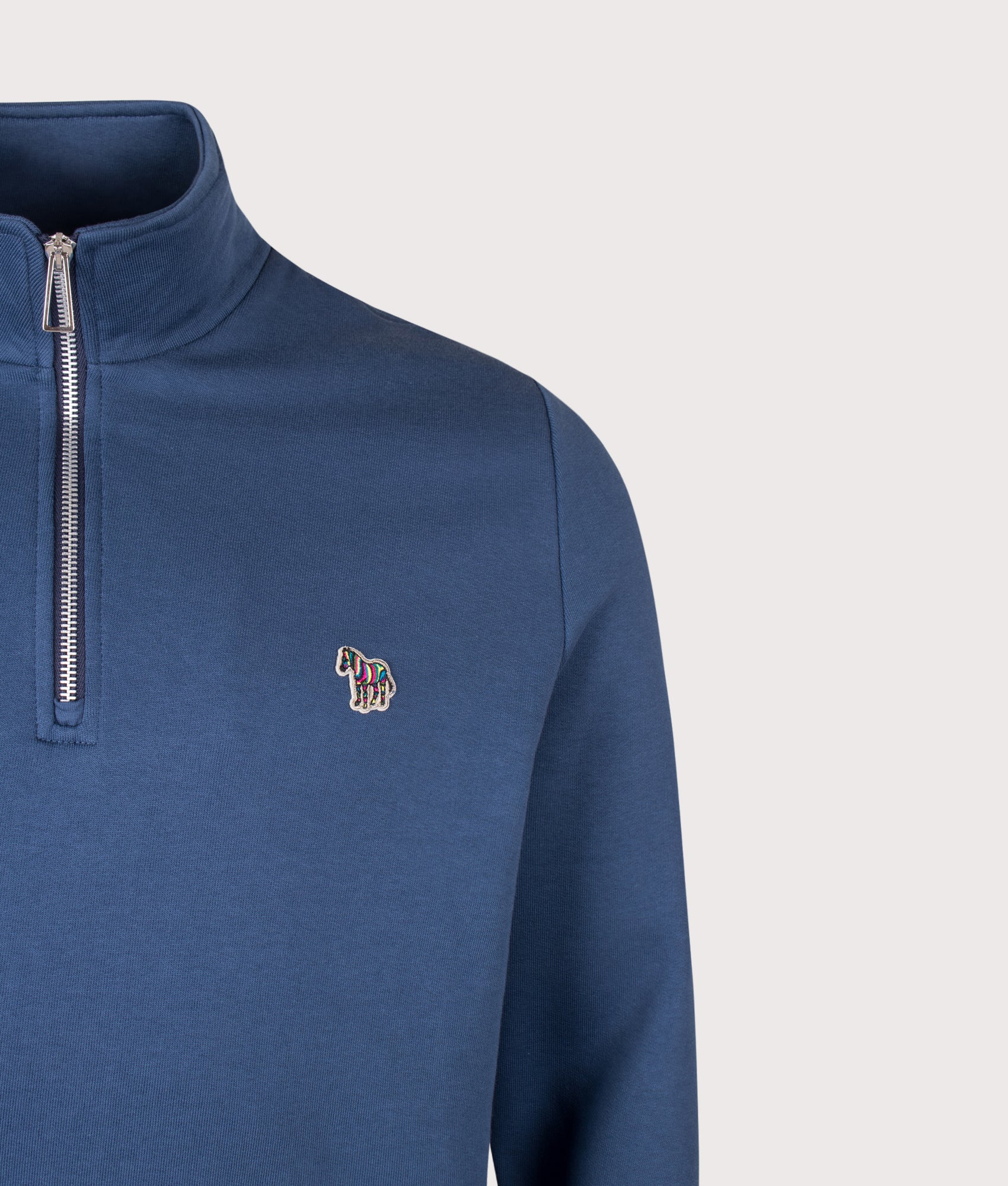 PS Paul Smith Regular Fit Quarter Zip Zebra Sweatshirt in Indigo at EQVVS Menswear. Detail shot.