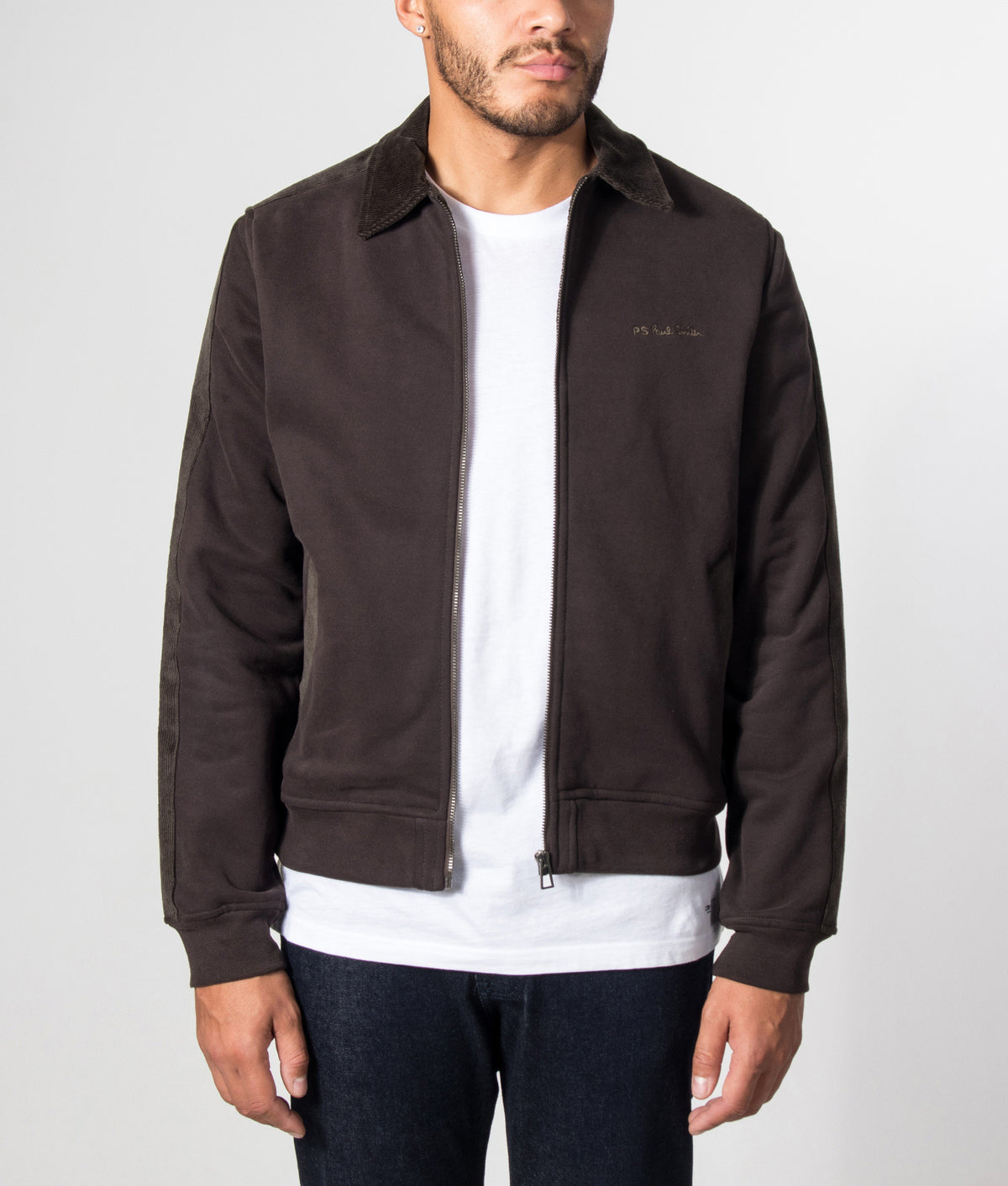 PS Paul Smith Regular Fit Zip Through Jacket in Dark Brown at EQVVS Menswear. Model front shot.