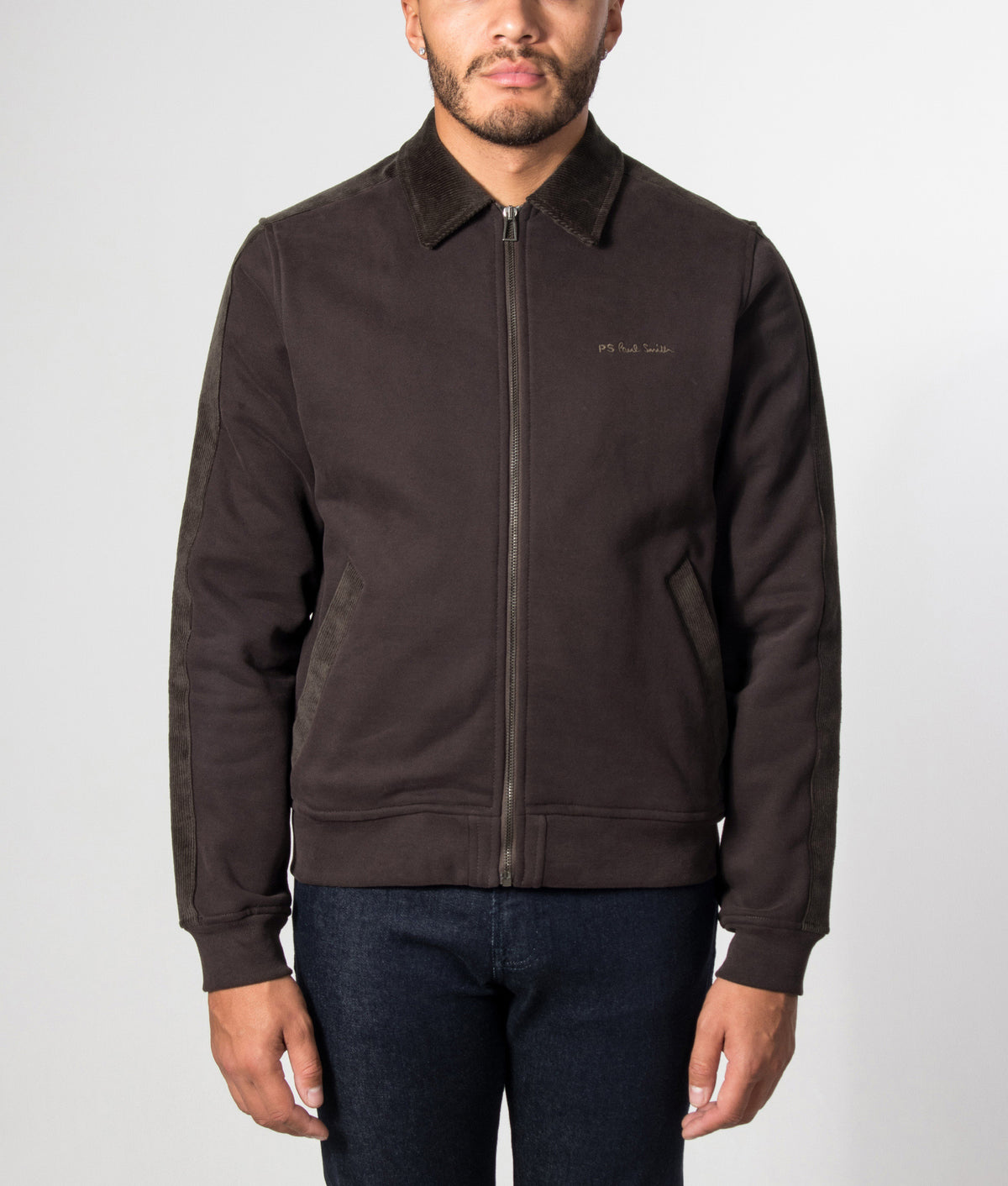 PS Paul Smith Regular Fit Zip Through Jacket in Dark Brown at EQVVS Menswear. Model front shot.
