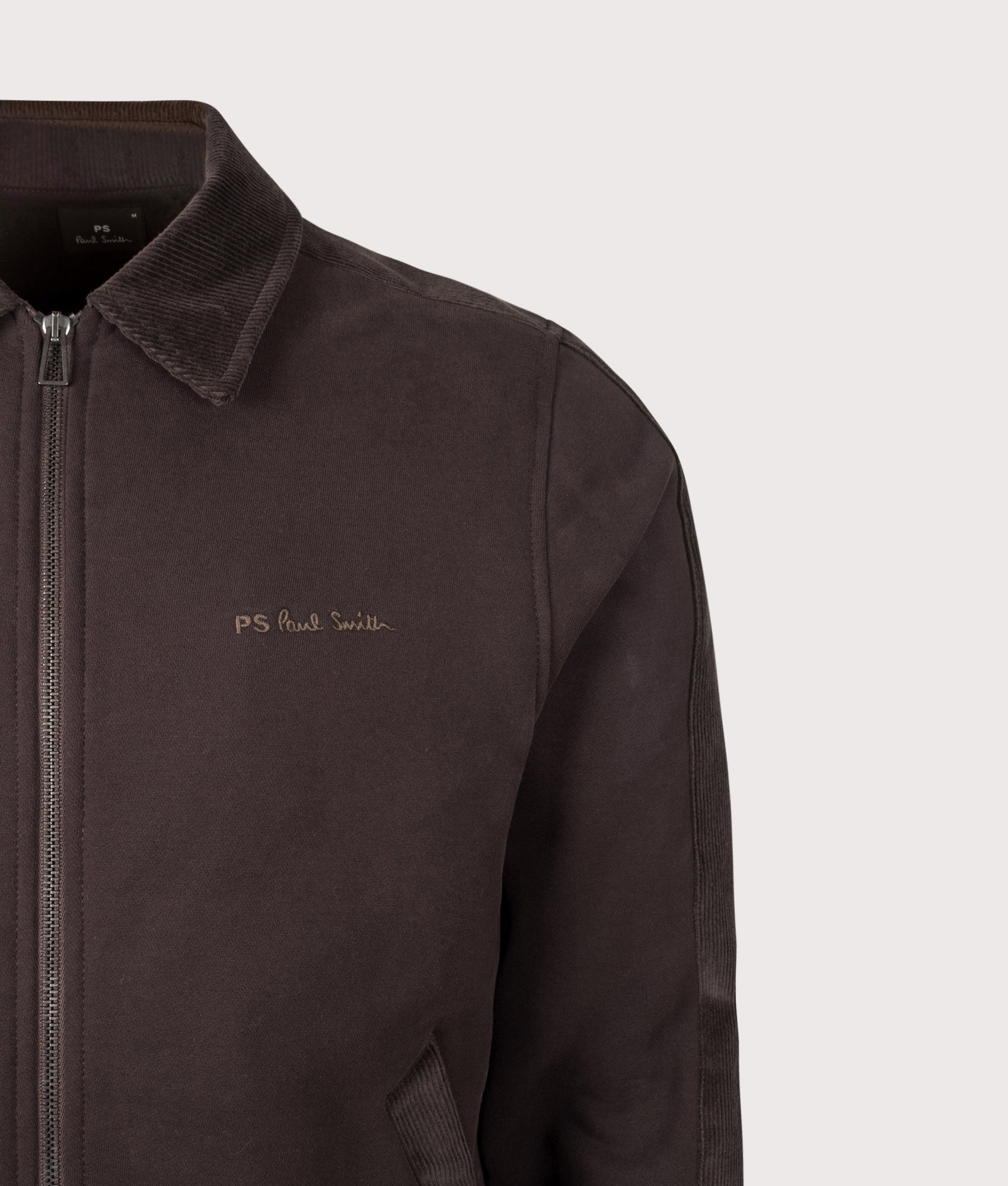 PS Paul Smith Regular Fit Zip Through Jacket in Dark Brown at EQVVS Menswear. Detail shot.