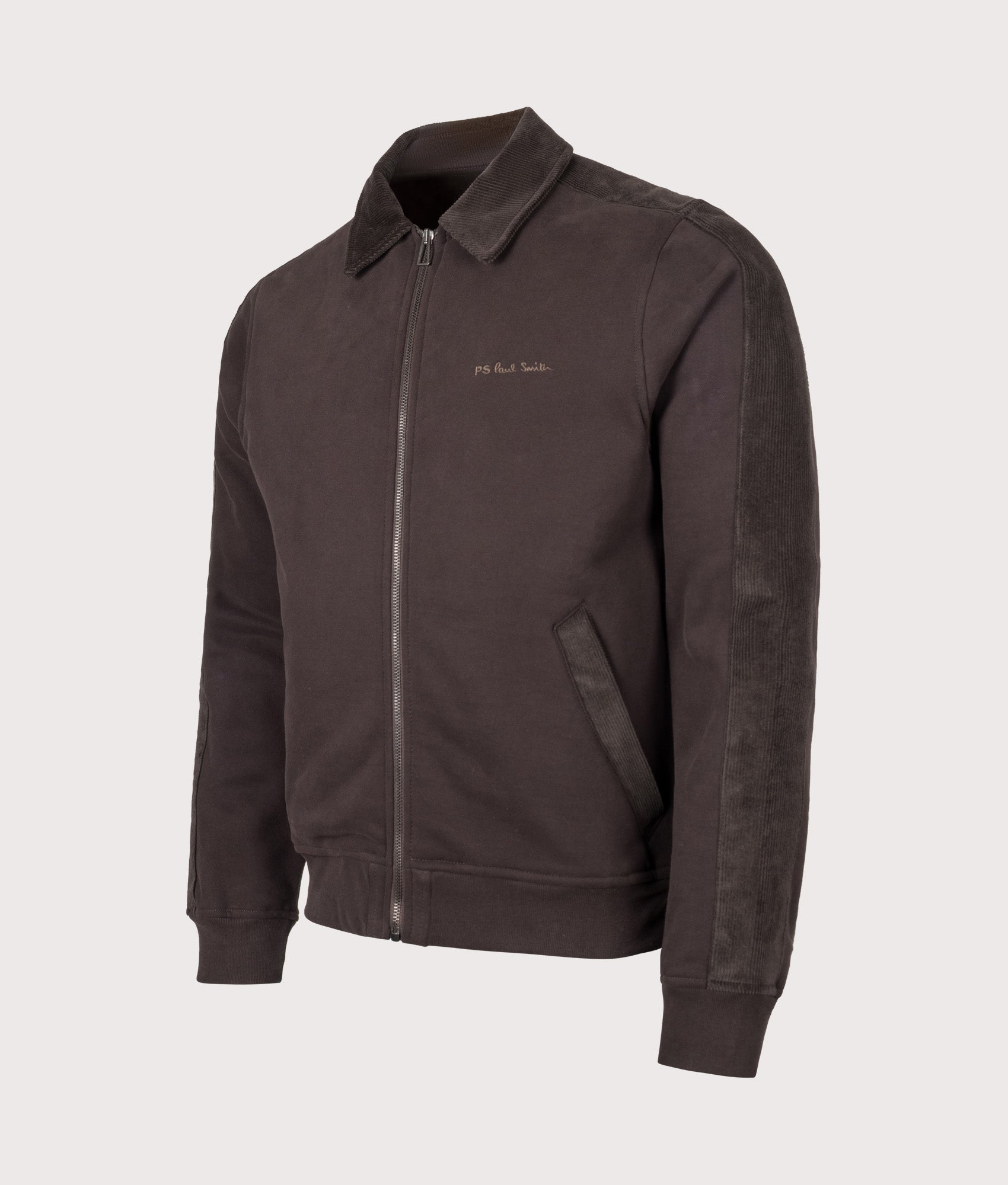 PS Paul Smith Regular Fit Zip Through Jacket in Dark Brown at EQVVS Menswear. Angled front shot.