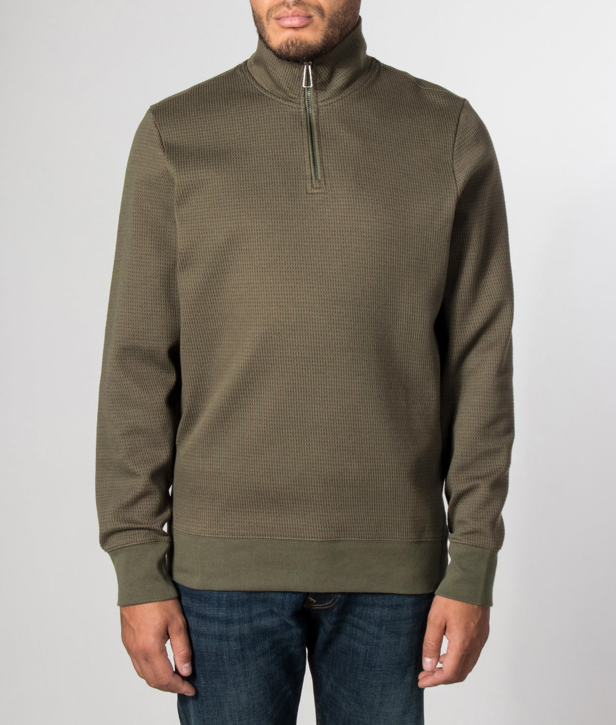 PS Paul Smith Classic Quarter Zip Sweatshirt in Military Green at EQVVS Menswear. Model front shot.