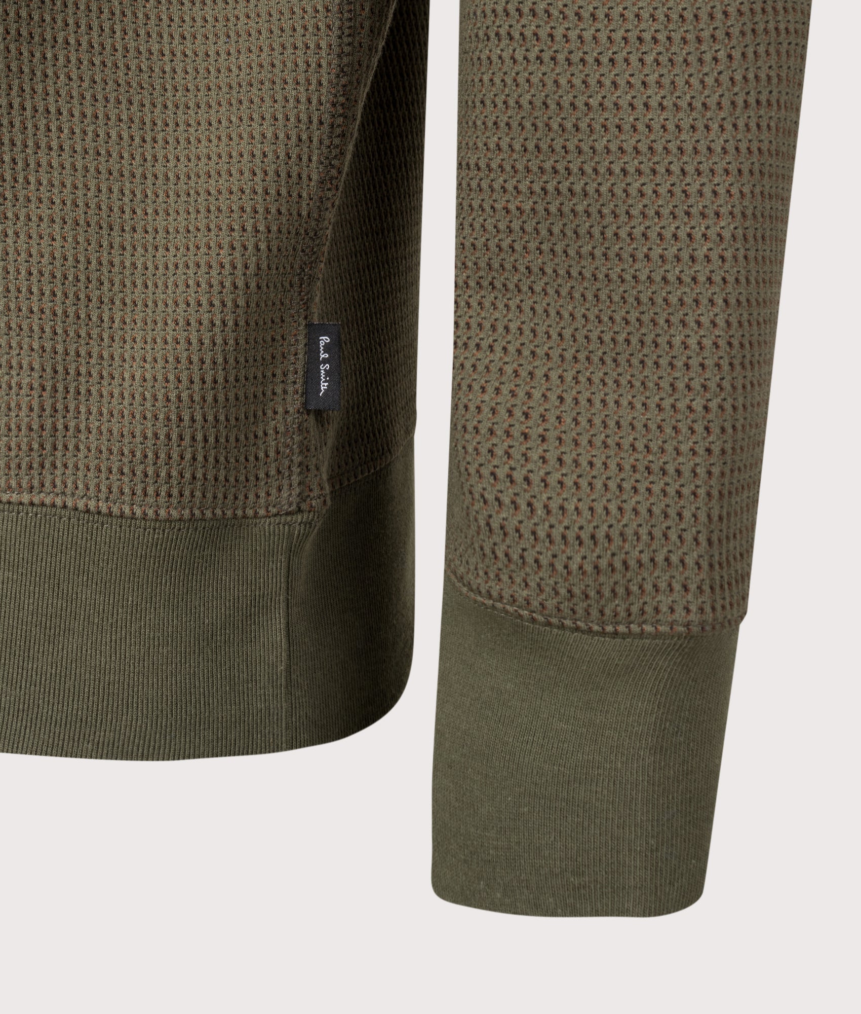 PS Paul Smith Classic Quarter Zip Sweatshirt in Military Green at EQVVS Menswear. Detail shot.