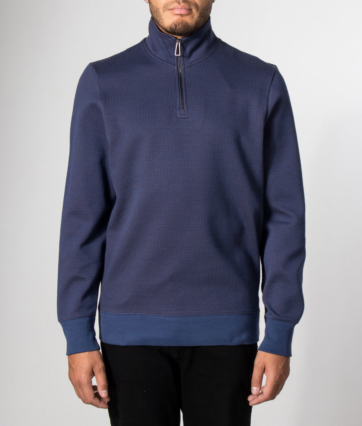 PS Paul Smith Classic Quarter Zip Sweatshirt in Indigo at EQVVS Menswear. Model front shot.