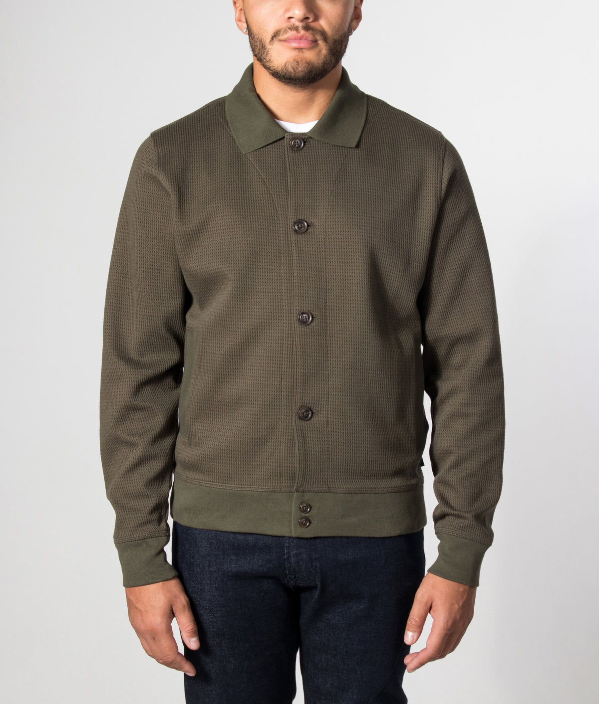 PS Paul Smith Regular Fit Contrast Stitch Cardigan in Military Green at EQVVS Menswear. Model front shot.