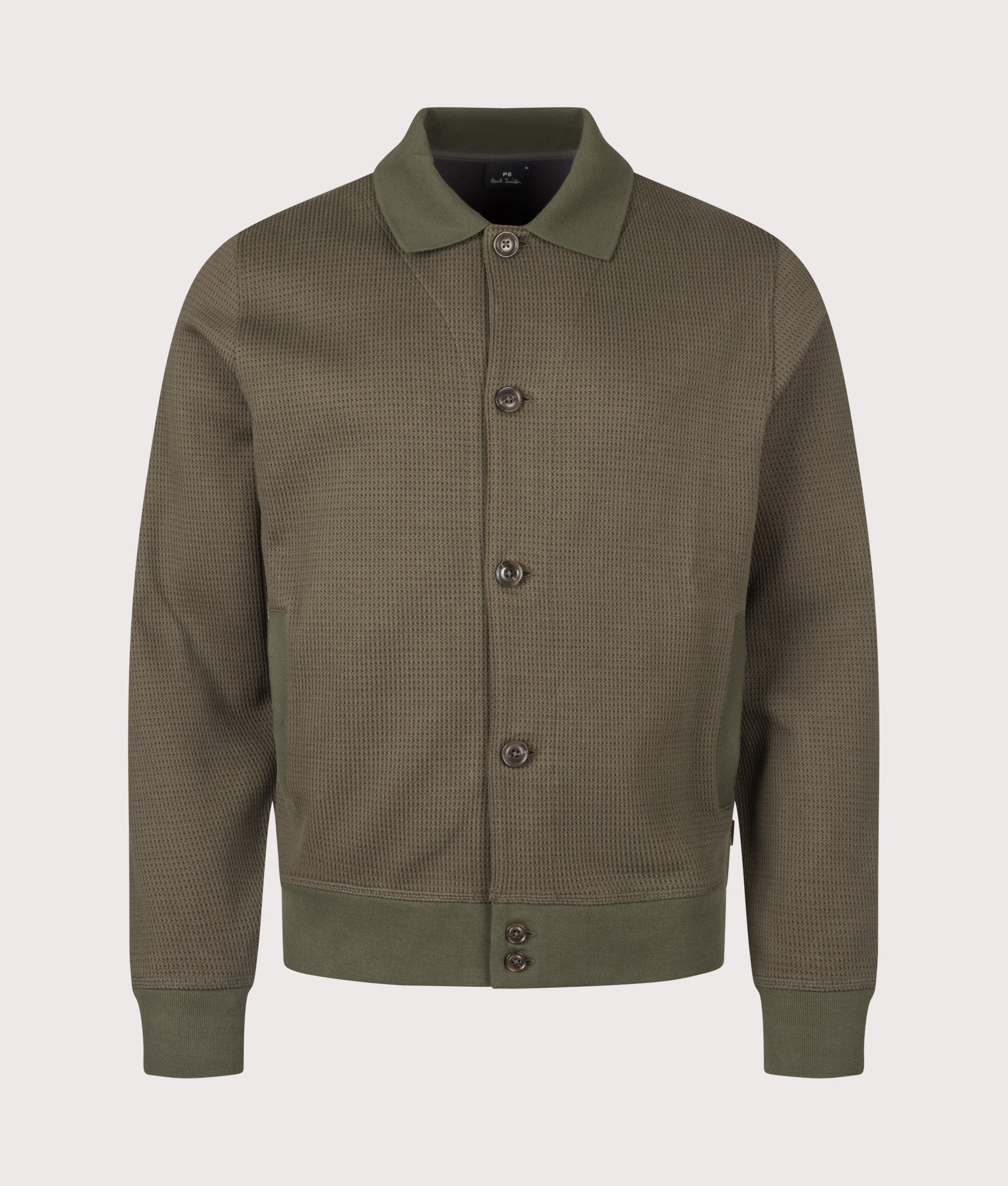 PS Paul Smith Regular Fit Contrast Stitch Cardigan in Military Green at EQVVS Menswear. Front shot.