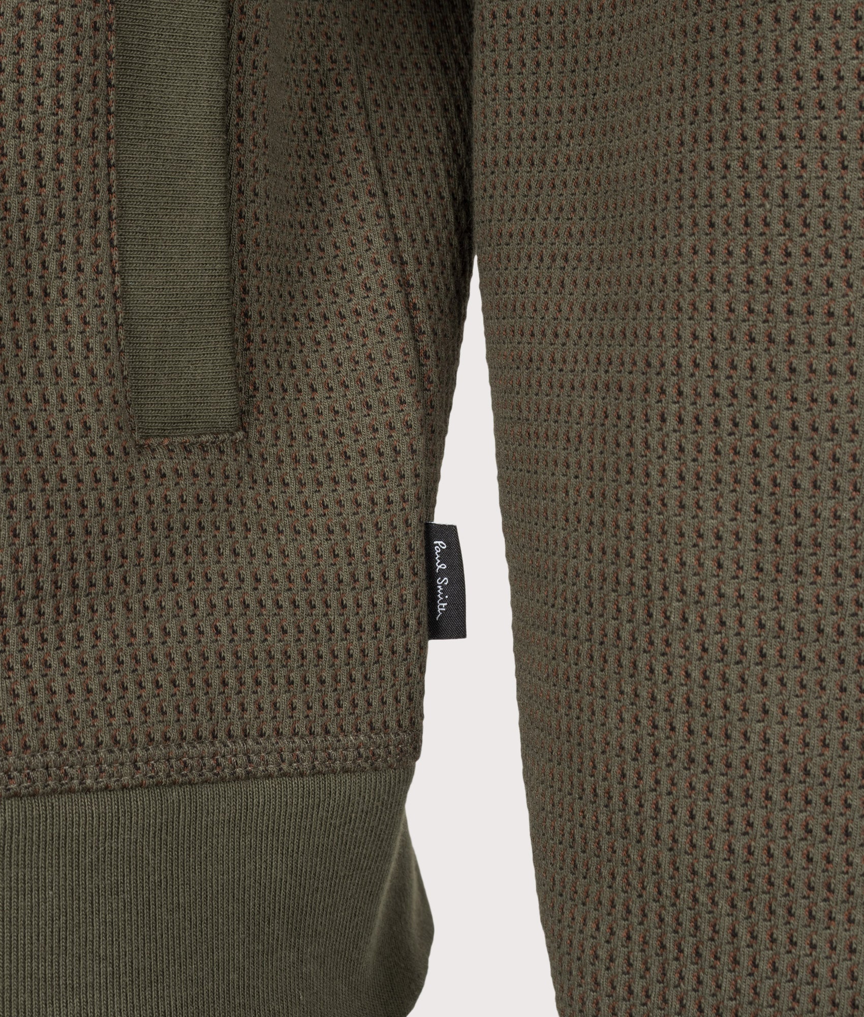 PS Paul Smith Regular Fit Contrast Stitch Cardigan in Military Green at EQVVS Menswear. Detail shot.