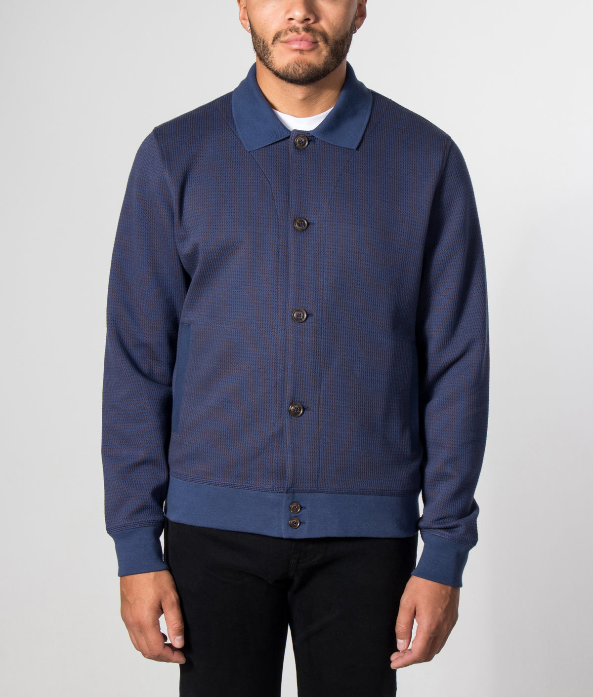 PS Paul Smith Regular Fit Contrast Stitch Cardigan in Indigo at EQVVS Menswear. Model front shot.