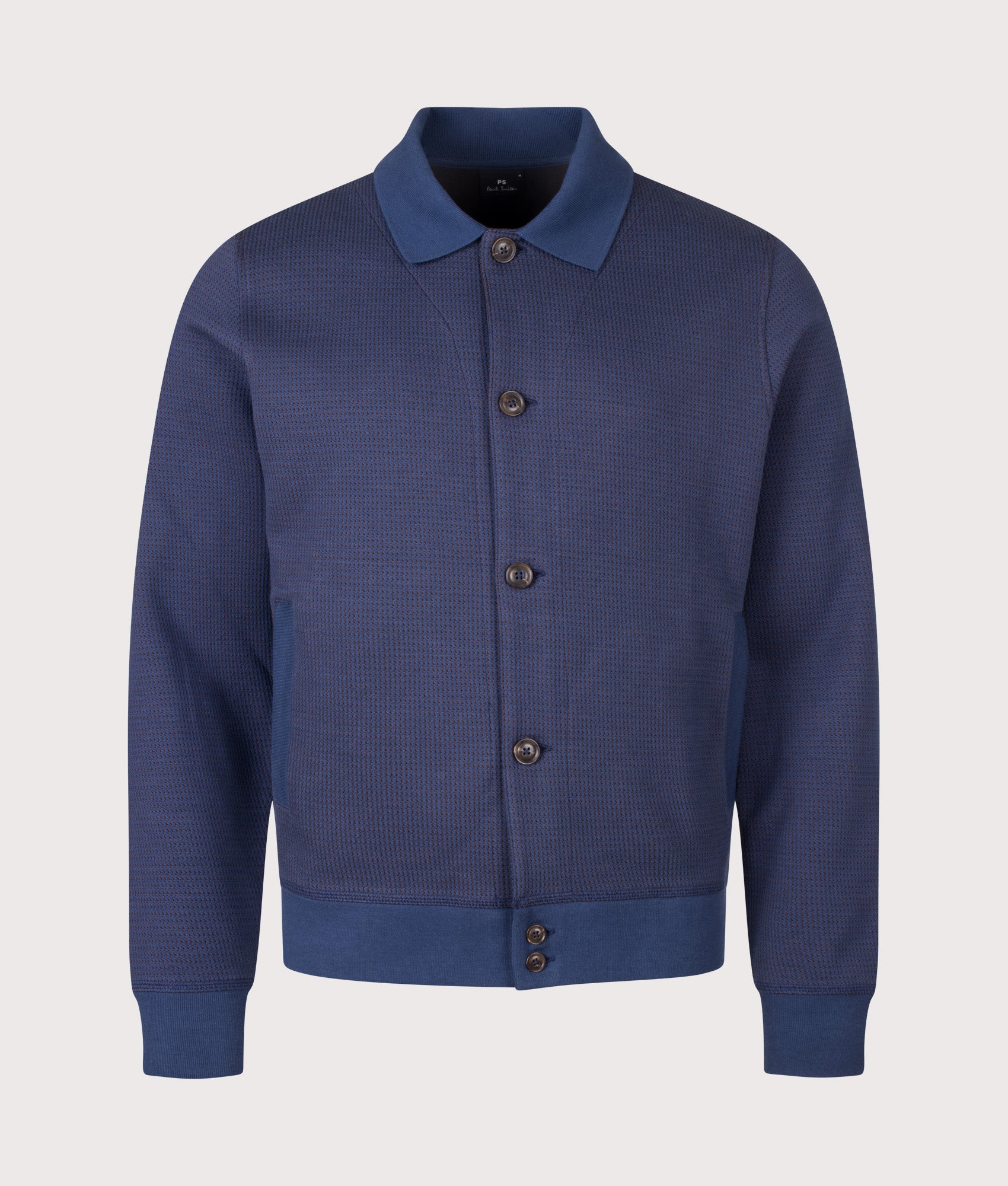 PS Paul Smith Regular Fit Contrast Stitch Cardigan in Indigo at EQVVS Menswear. Front shot.