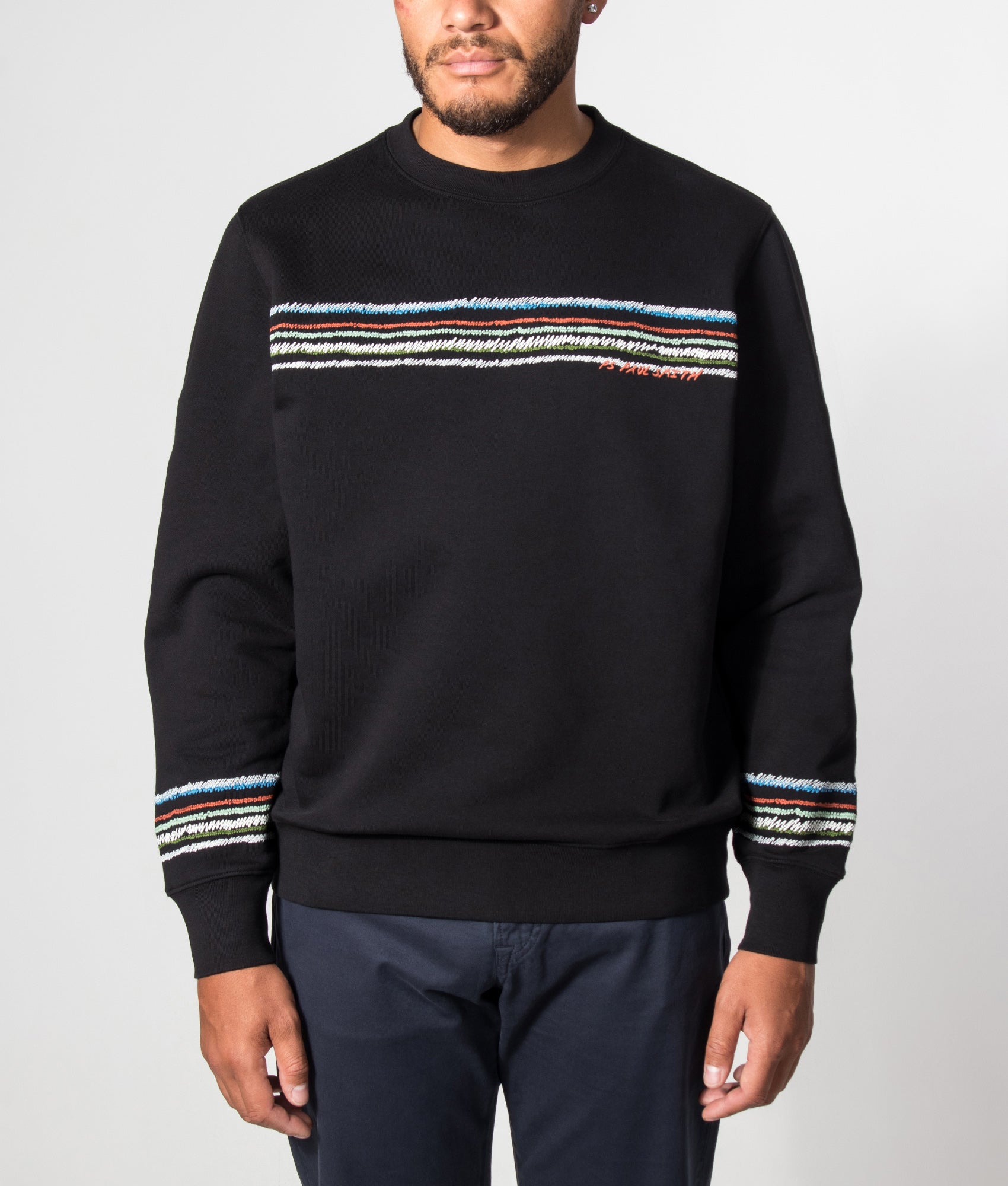 PS Paul Smith Regular Fit Stripes Sweatshirt in Black at EQVVS Menswear. Model front shot.