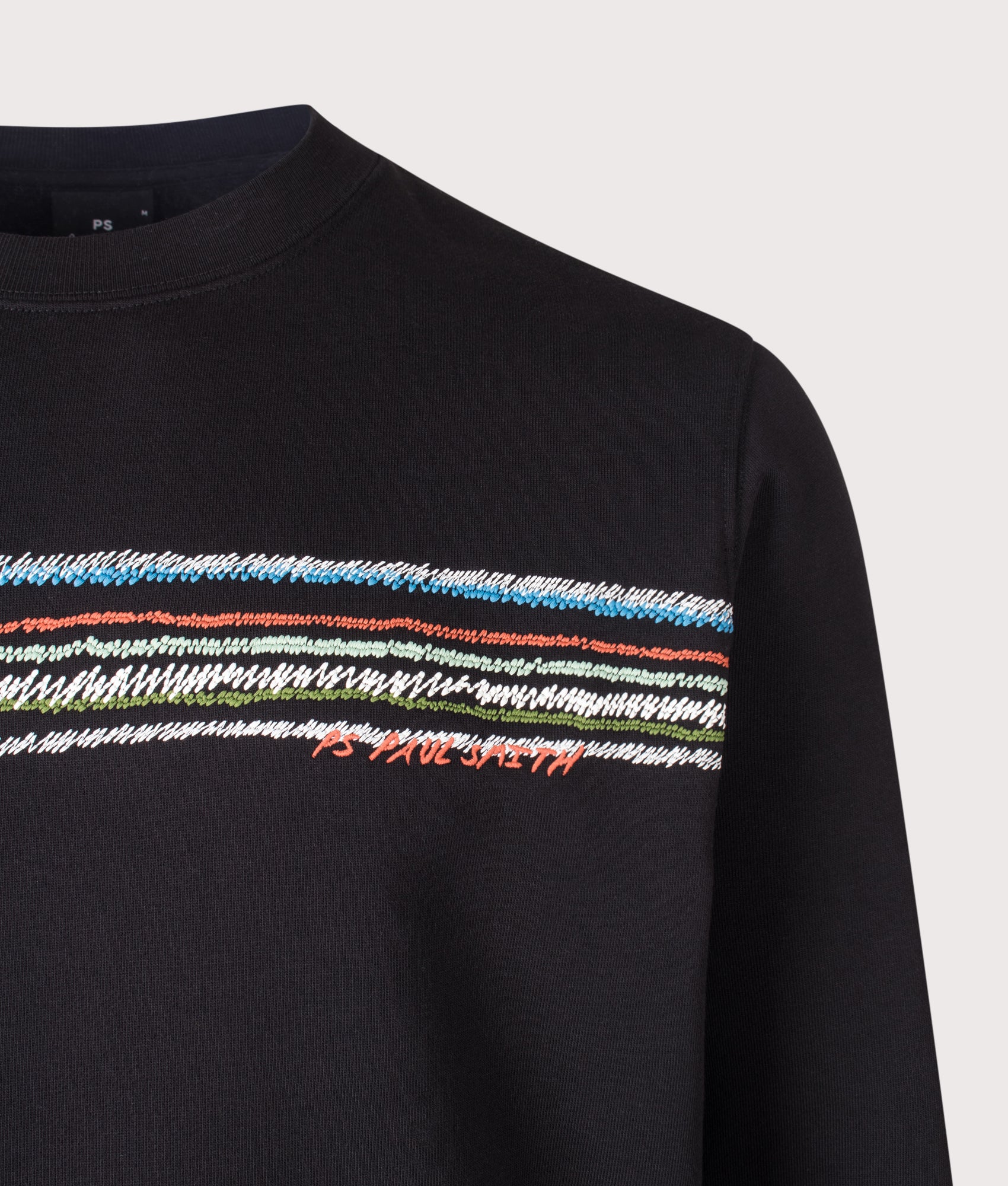 PS Paul Smith Regular Fit Stripes Sweatshirt in Black at EQVVS Menswear. Detail shot.