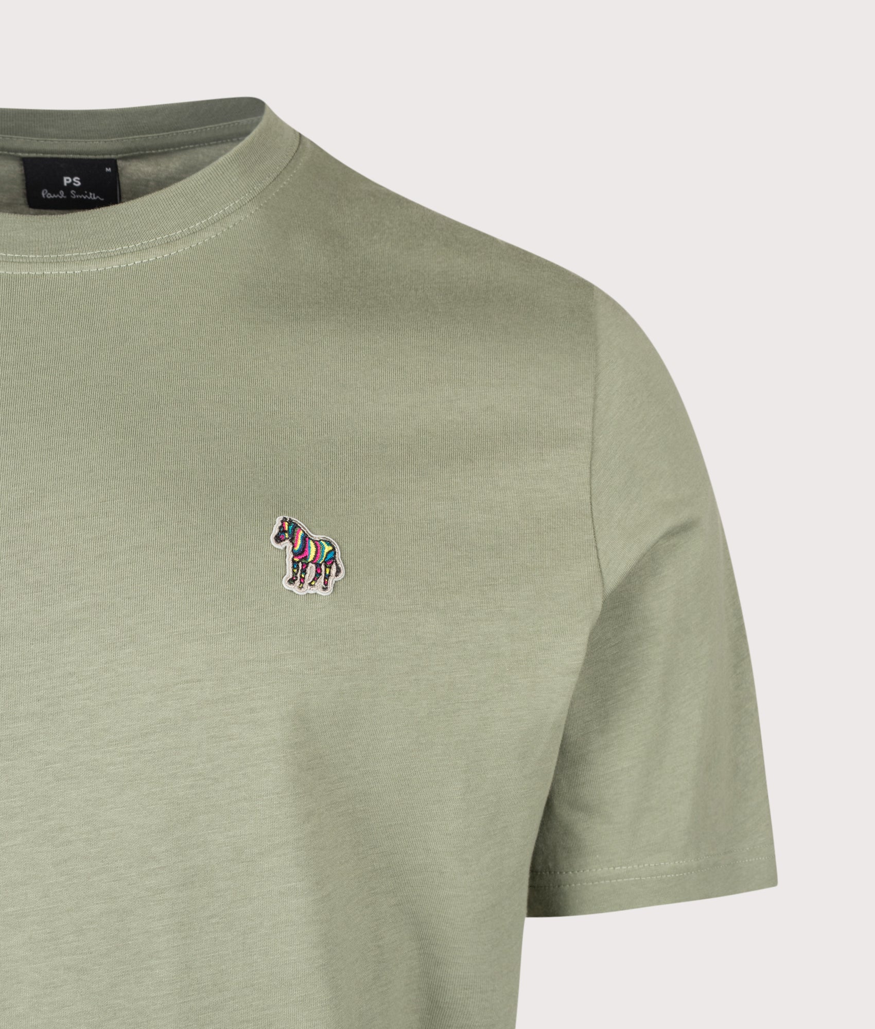 PS Paul Smith Regular Fit Zebra T-Shirt in Light Greyish Green at EQVVS Menswear. Detail shot.