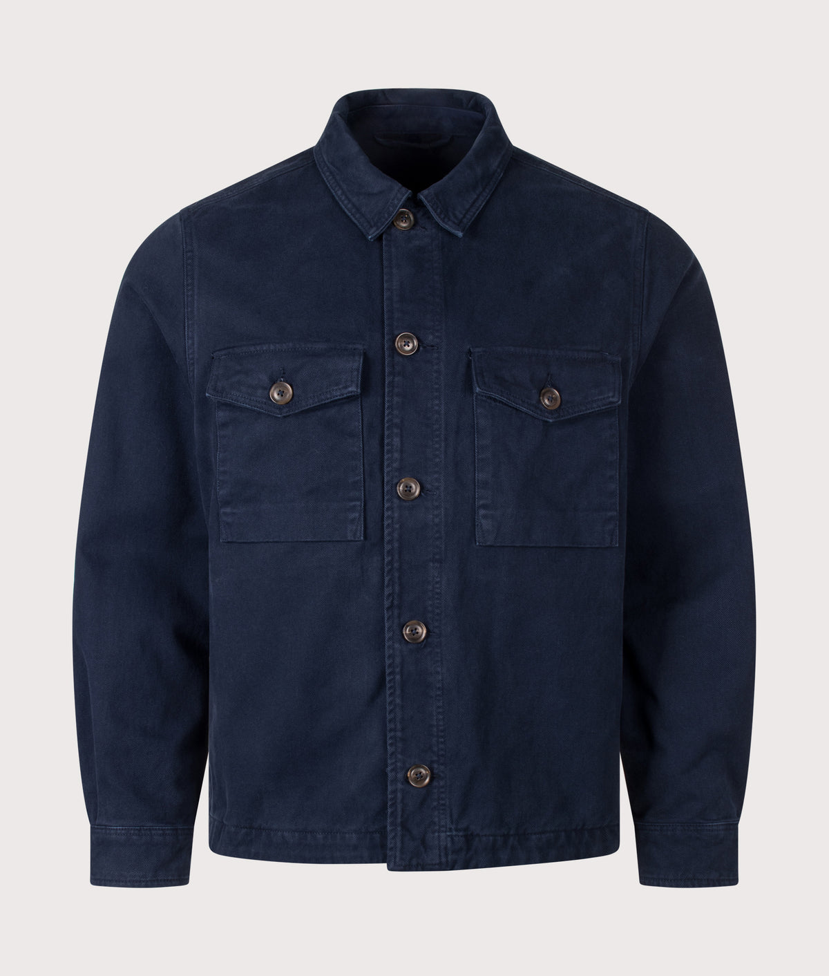 PS Paul Smith Military Overshirt in Very Dark Navy at EQVVS Menswear. Front shot.
